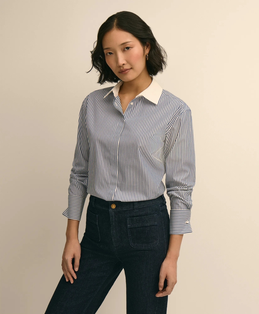 Supima&amp;reg; Cotton Contrast-Collar Stripe Shirt With French Cuffs