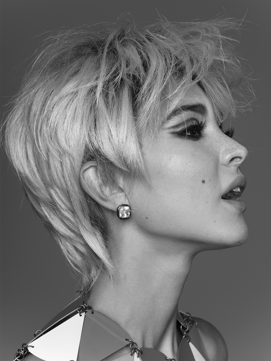 A black and white profile portrait of Isabel May shot by Elias Tahan.