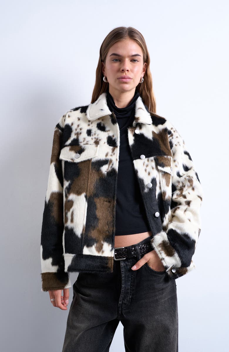 Cow Print Faux Fur Western Trucker Jacket