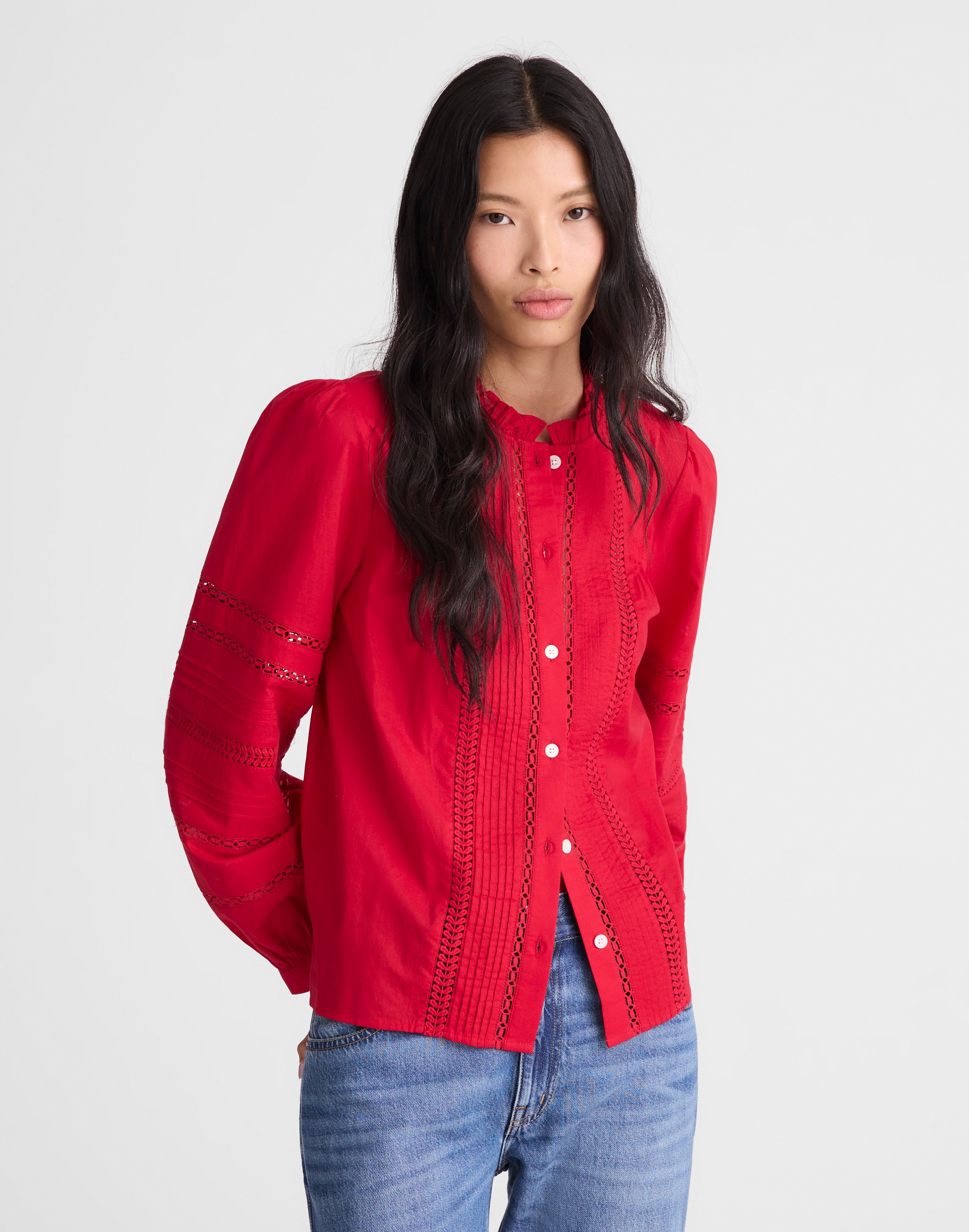 Lace-Insert High-Neck Pintuck Top