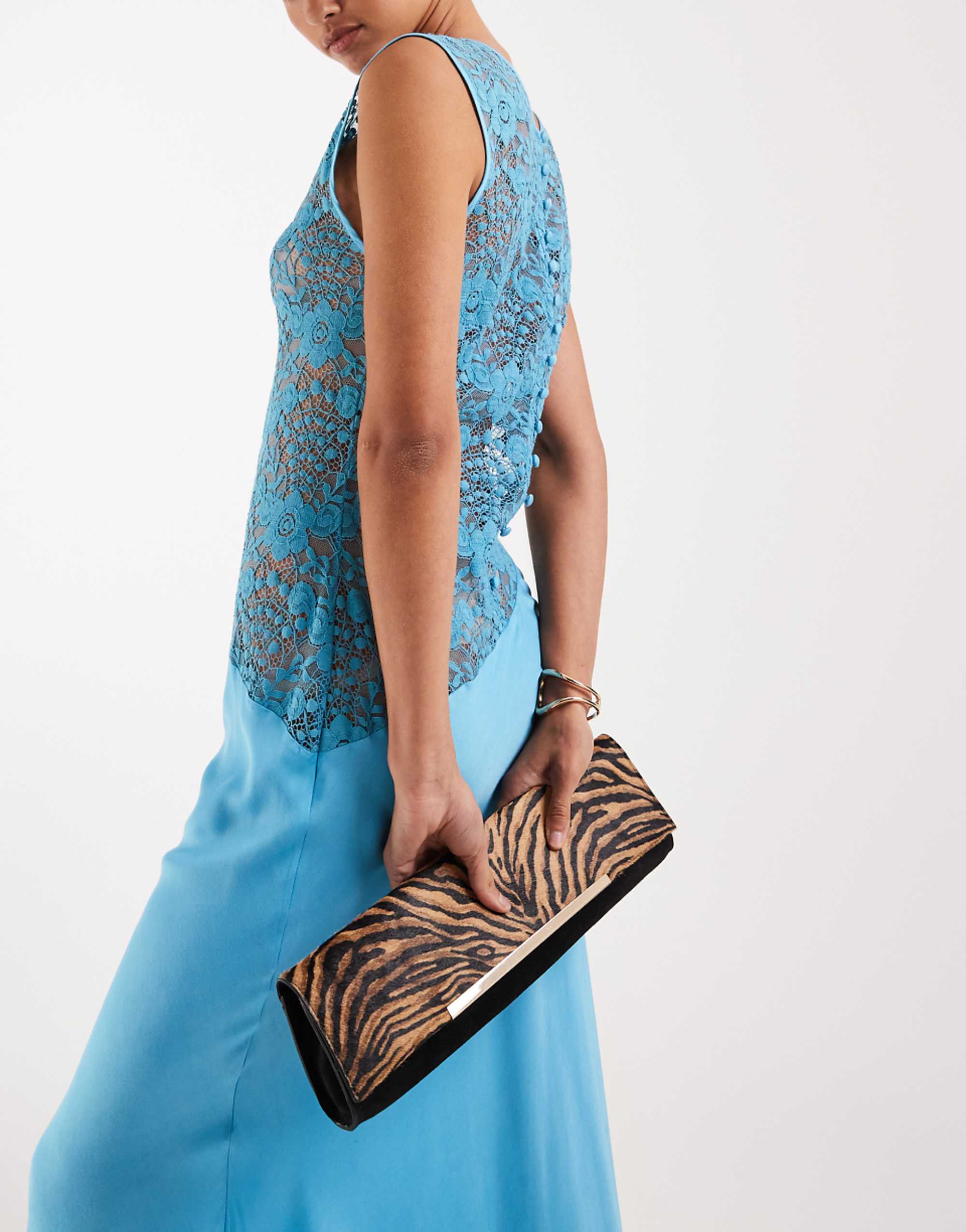 Asos Design Suede &amp;amp; Hair on Real Leather With Tiger Print Elongated Clutch Bag With Bar Detail