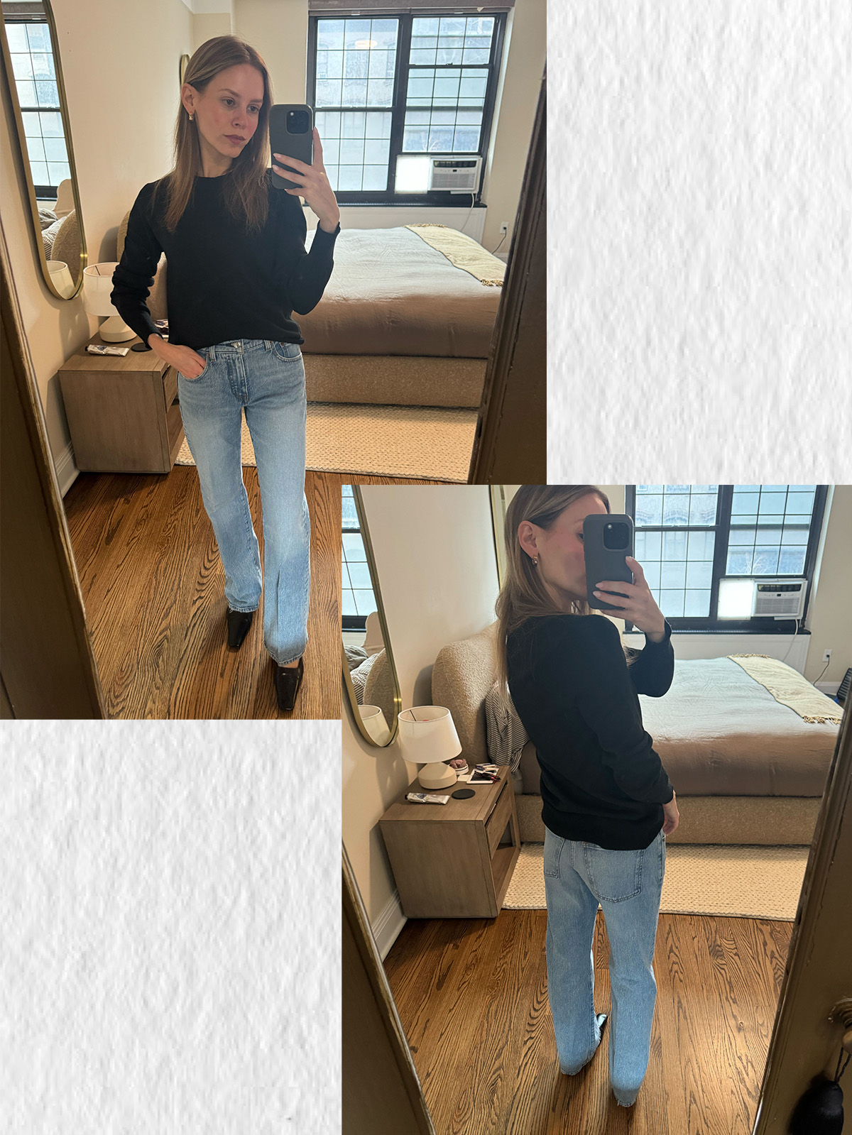 nikki wears madewell's petite jeans.