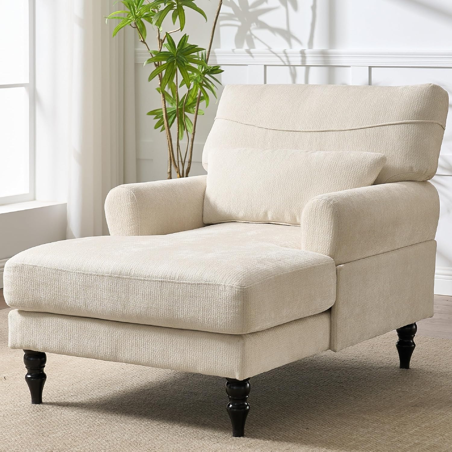 KEIKI, Keiki Chaise Lounge Chair Indoor, Modern Leisure Sleeper Sofa Chair W/double Deep Cushion, Accent Upholstered Reading Side Armchair, Recliner Arm Chairs for Living Room &amp;amp; Bedroom, Easy Assembly, White