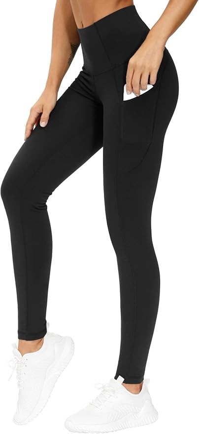 THE GYM PEOPLE, The Gym People Thick High Waist Yoga Pants With Pockets, Tummy Control Workout Running Yoga Leggings for Women (large, Black)