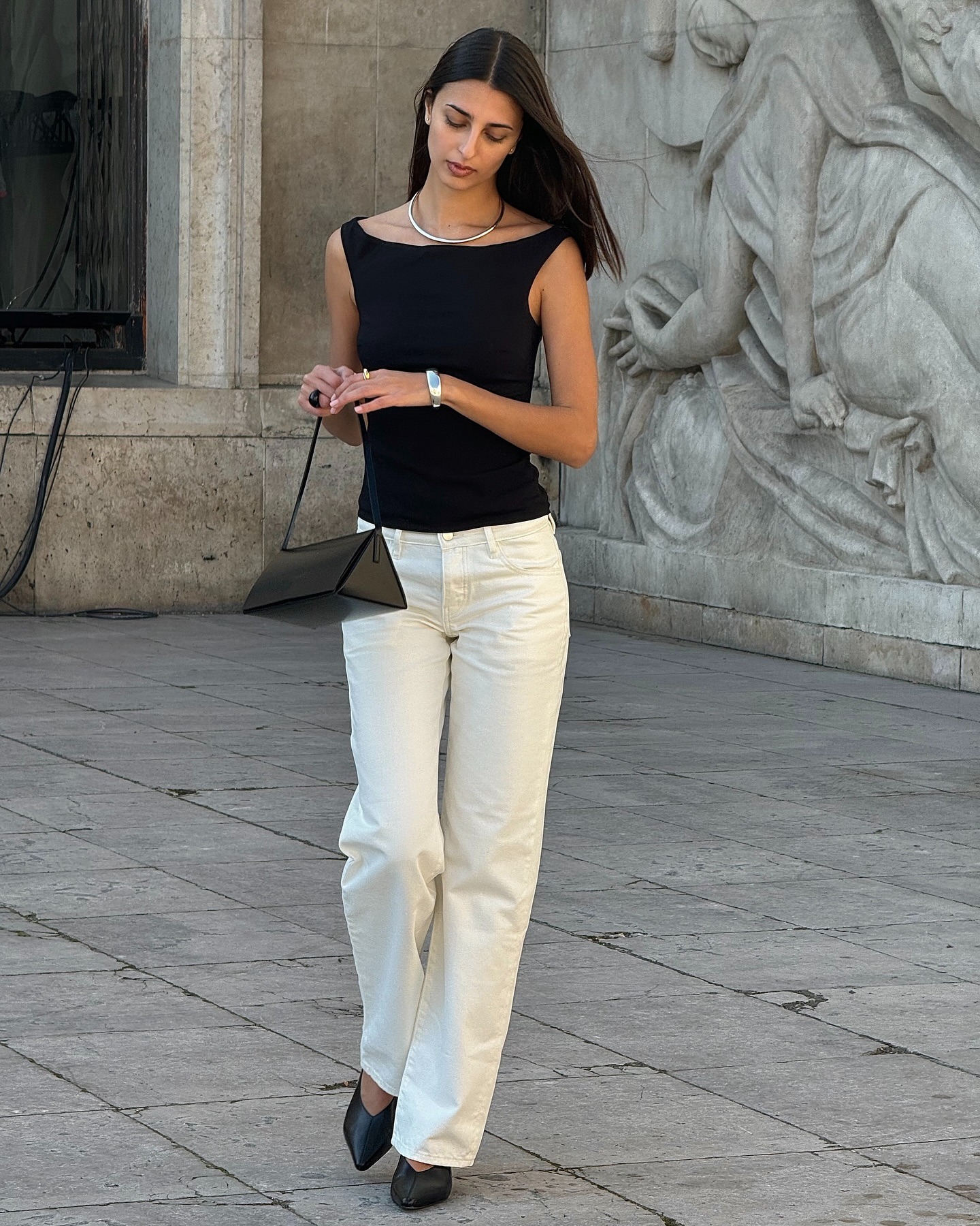 @salome.mory in Lie Studio necklace, St. Agni bag, white jeans, and v-vamp pumps