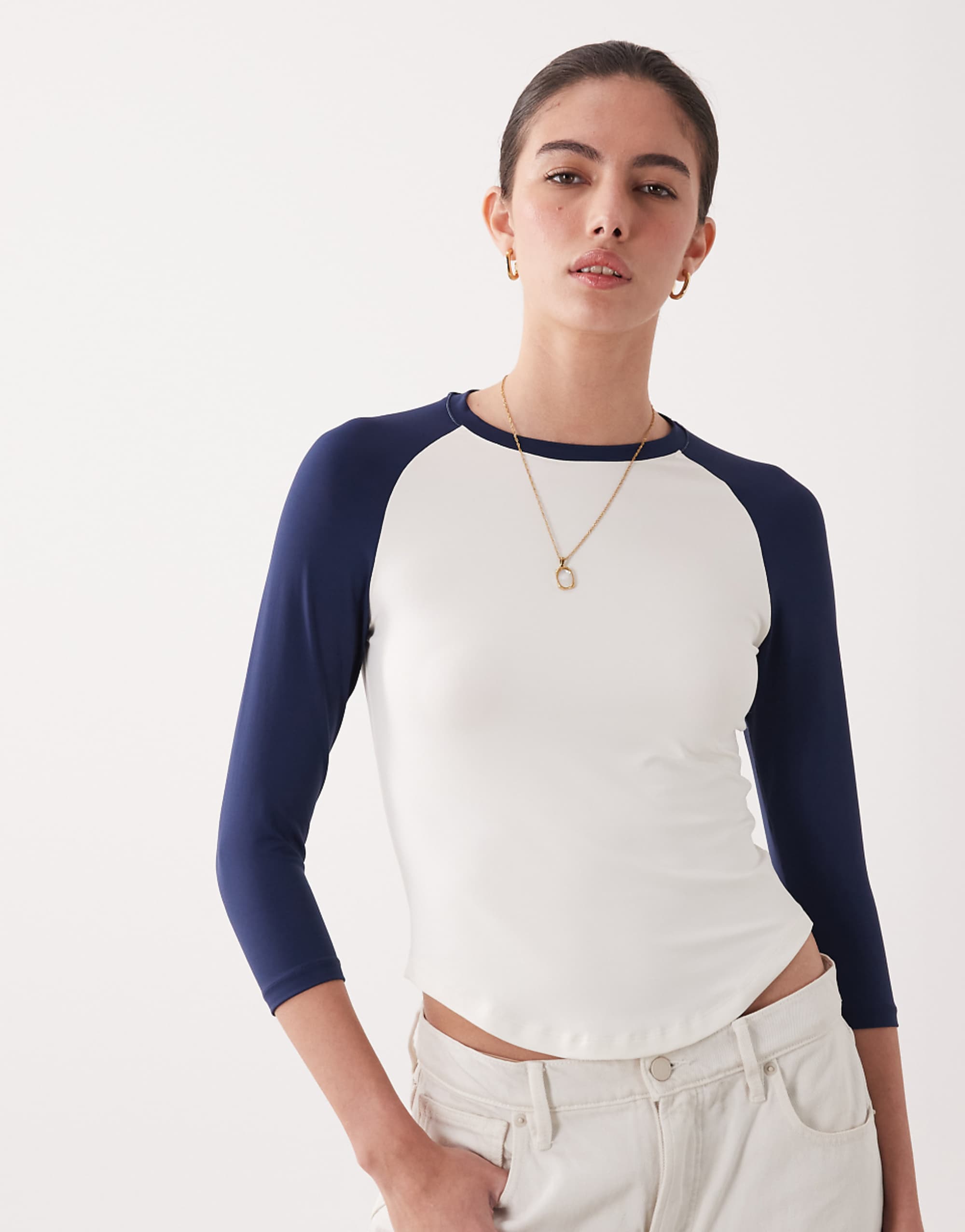 Asos Design Polyamide Three-Quarter Sleeve Baseball Tee in Navy