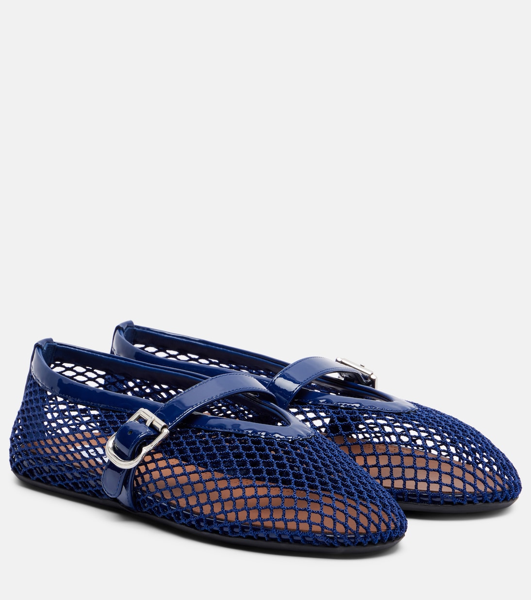 Leather-Trimmed Fishnet Ballet Flats in Blue - Alaia