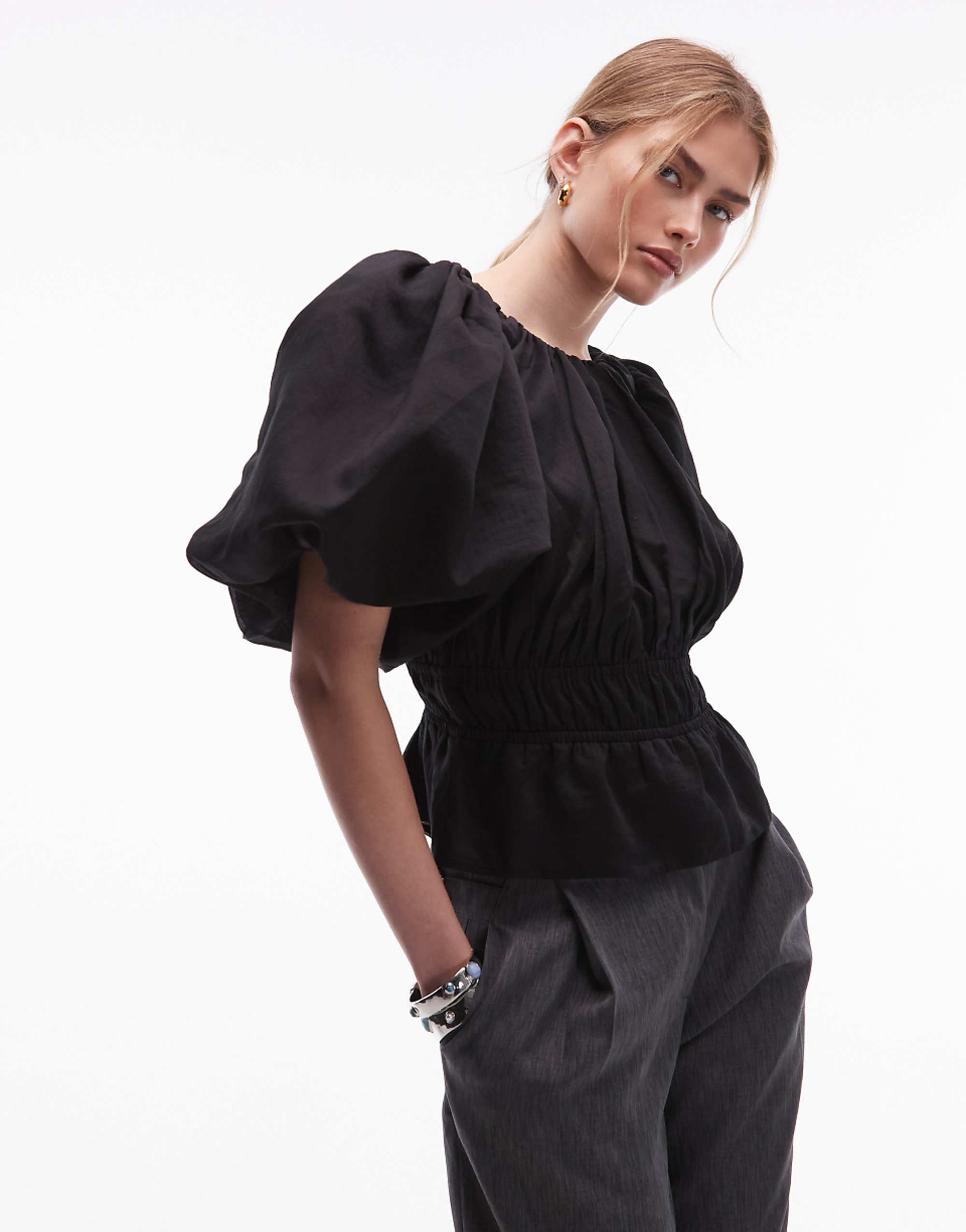 &amp;amp; Other Stories Short Sleeve Volume Blouse With Statement Puff Sleeves and Cinch Waist in Black