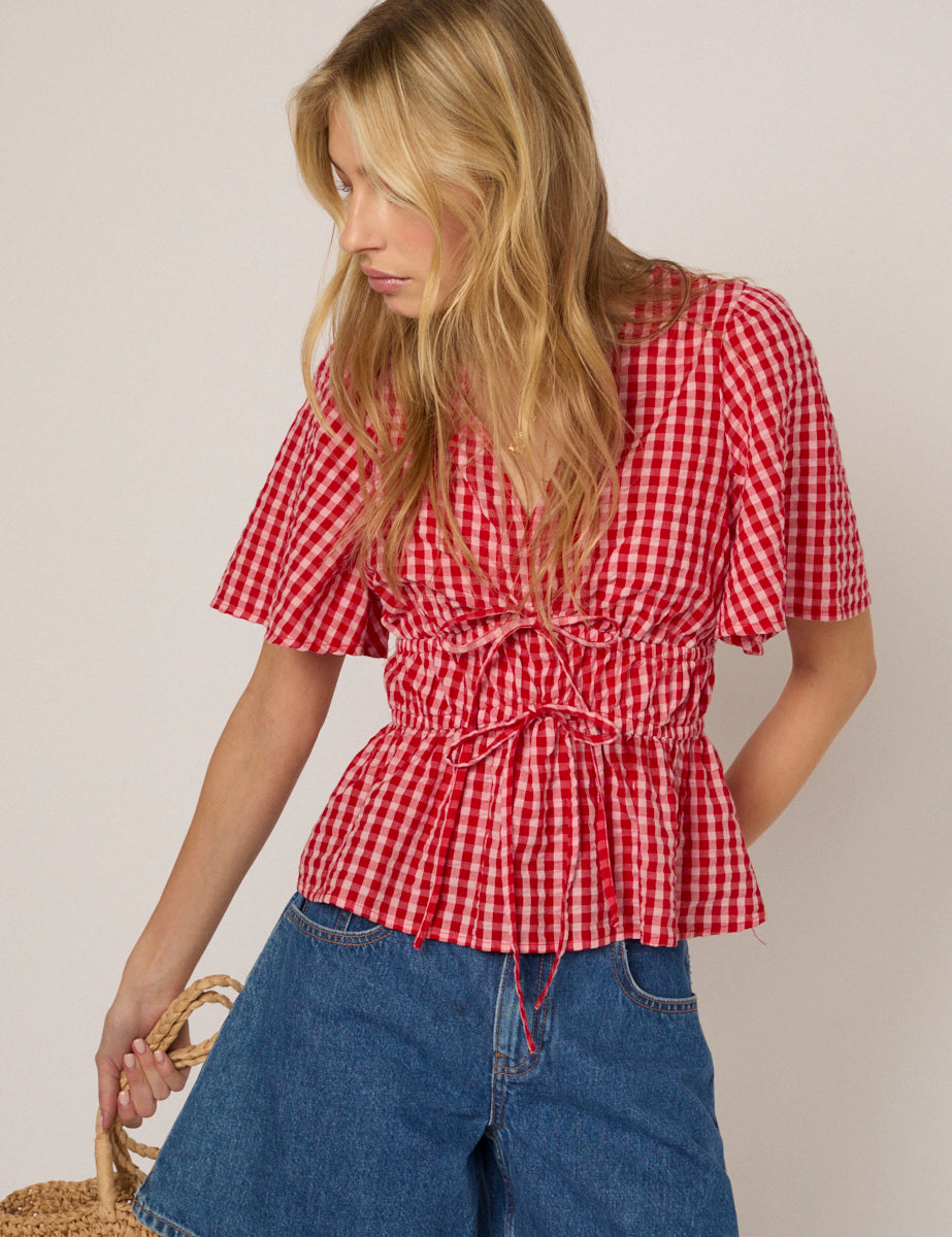 Red V Neck Gingham Cordelia Top