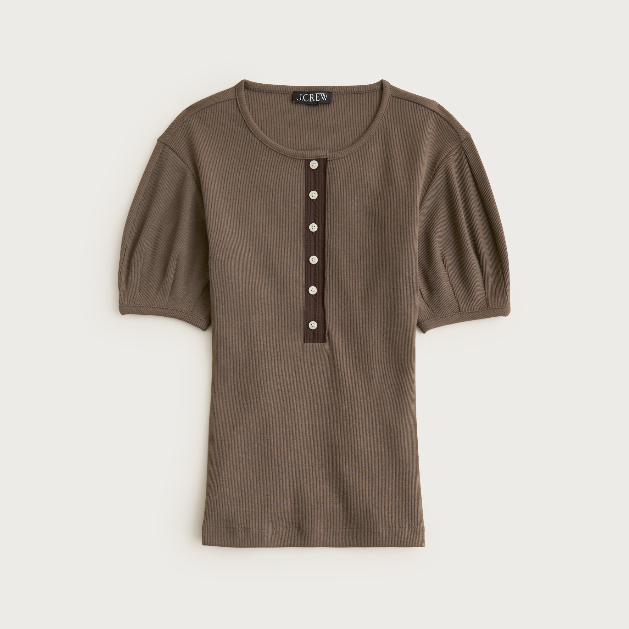 Perfect Rib Puff-Sleeve Henley Shirt