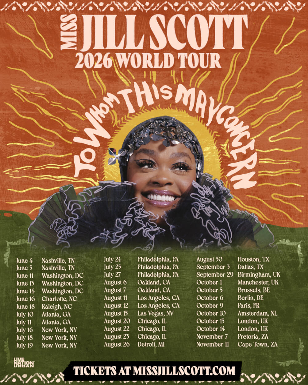 Jill Scott 2026 world tour dates To Whom This May Concern poster admat