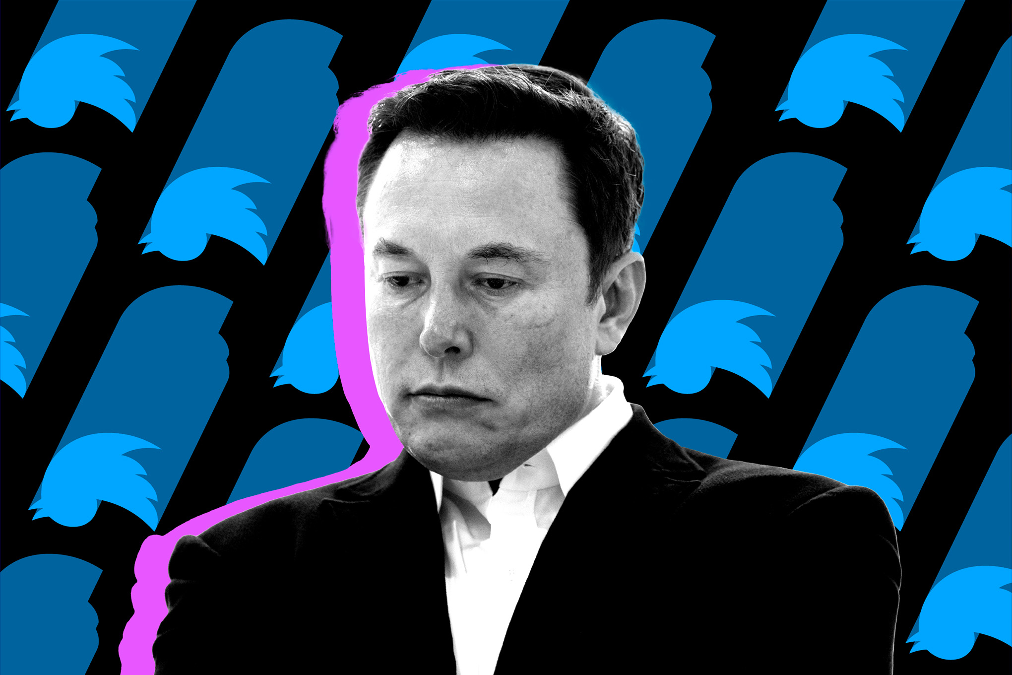 Elon Musk shown looking downward in front of upside-down Twitter logos.