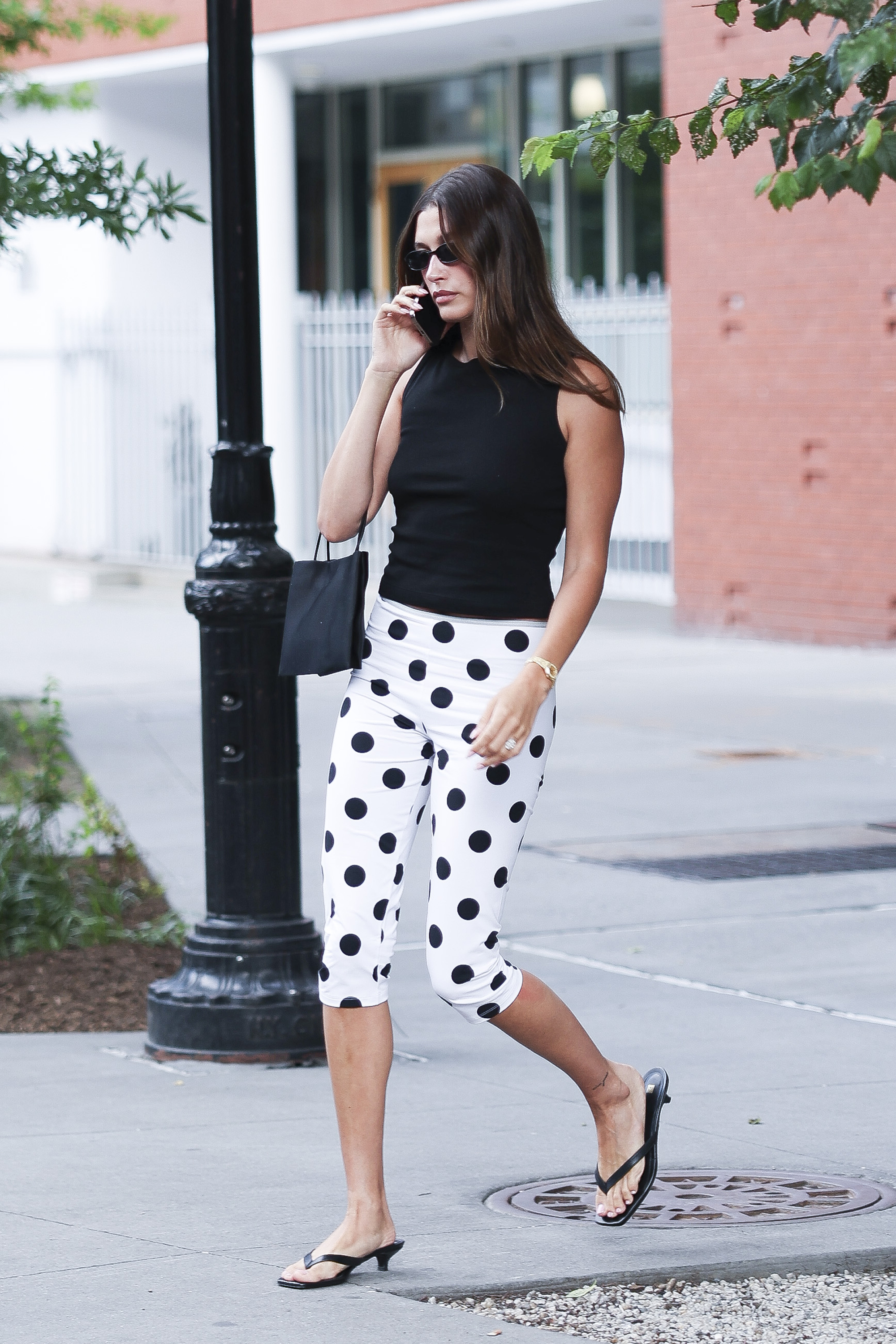 Hailey Bieber wears pokka-dot capri pants