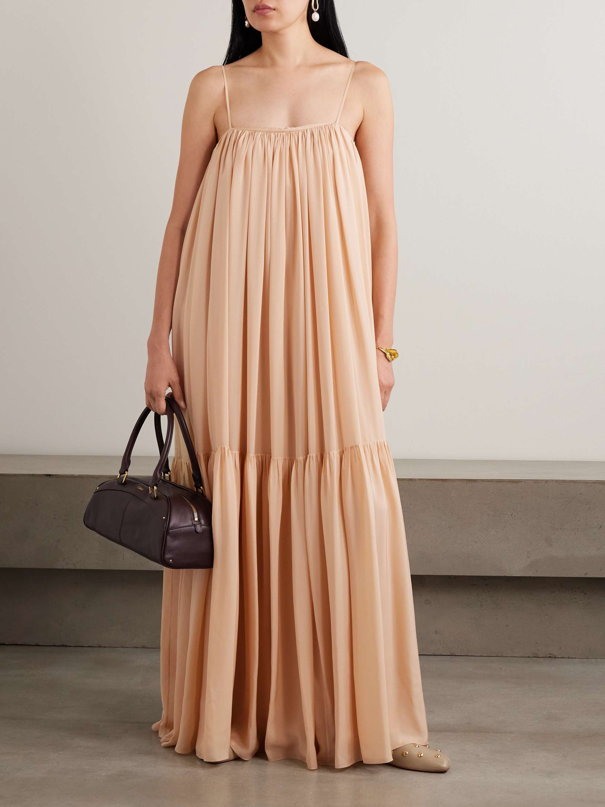 Chloe, Ruched Tiered Silk Maxi Dress