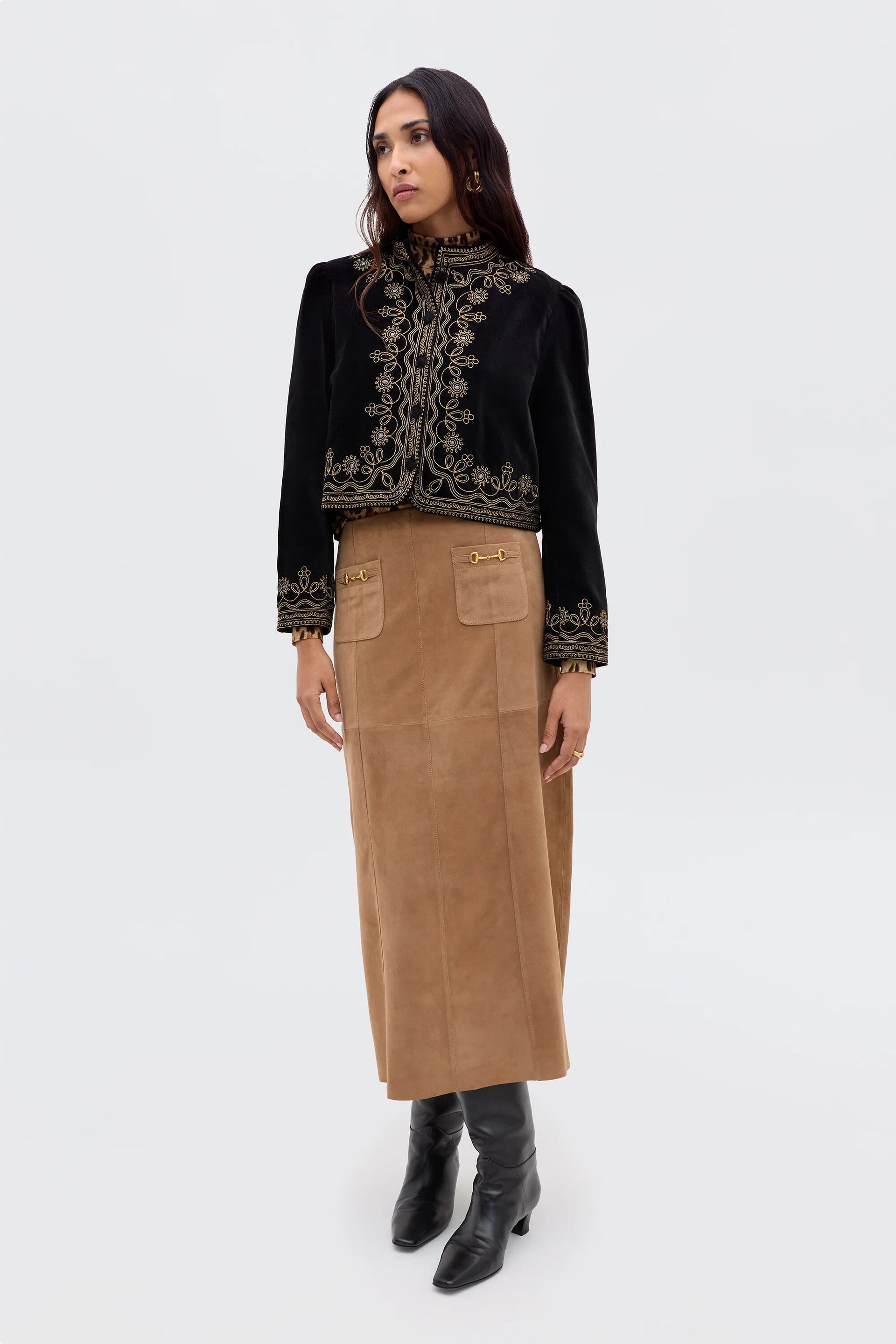 Edwina Suede Midi Skirt in Brown Camel