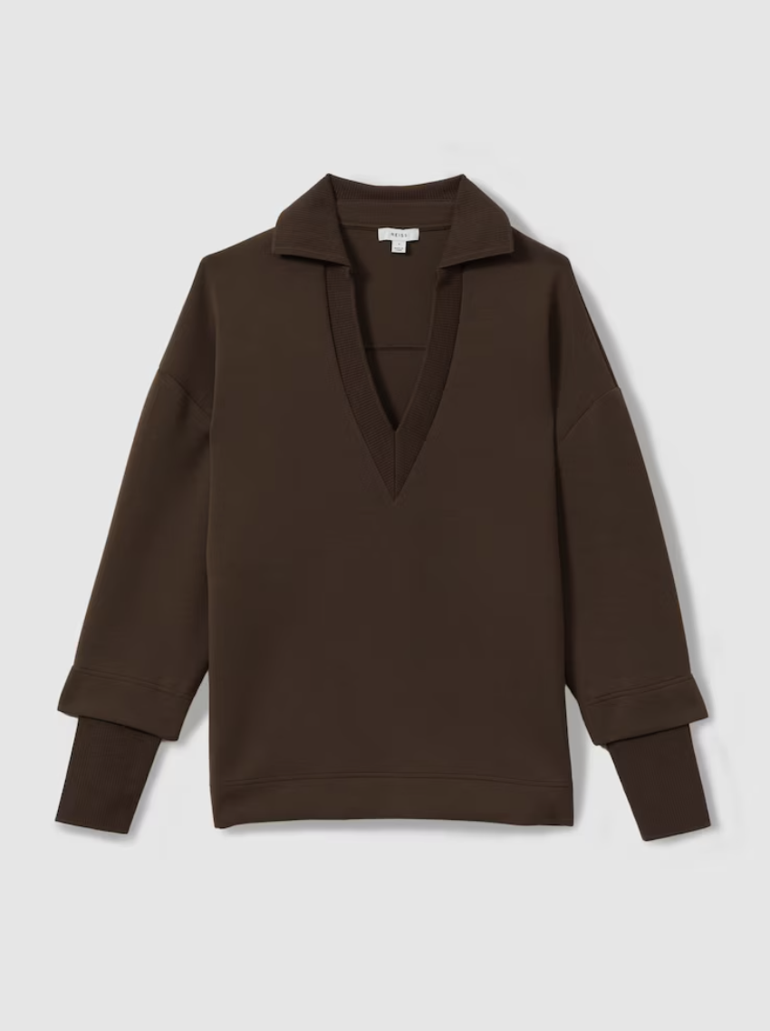 REISS, Premium Interlock Open-Collar Sweatshirt in Chocolate