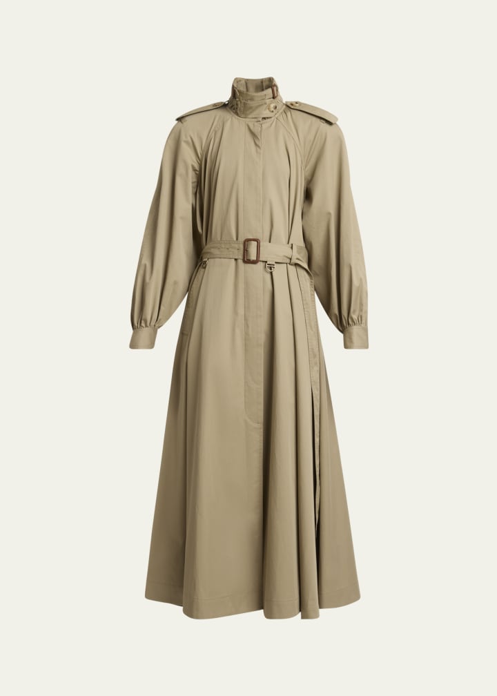 Long High-Neck Belted Gabardine Trench Coat