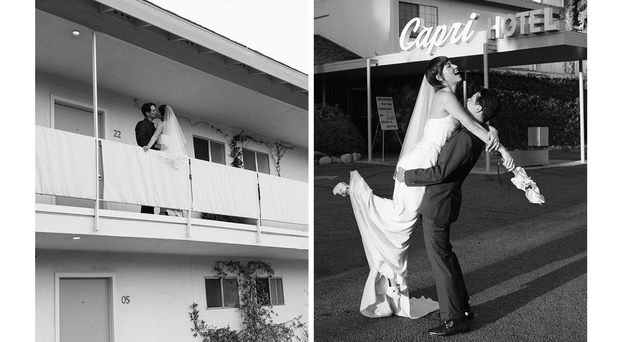 A collage of Britni and Sean wearing their wedding outfits.