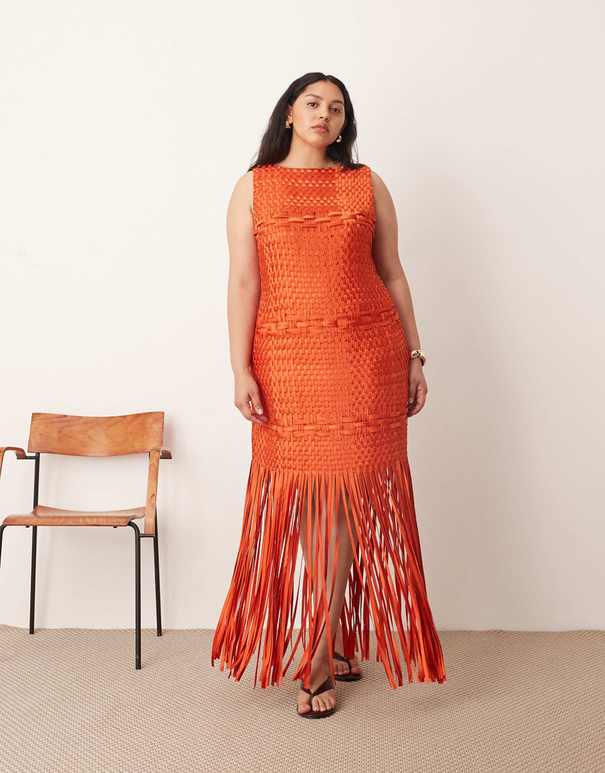 Arrange Curve Lattice Hand Woven Fringed Hem Midi Dress in Red