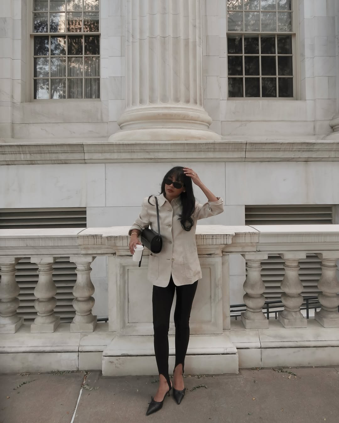 Dawn in leggings and linen blazer