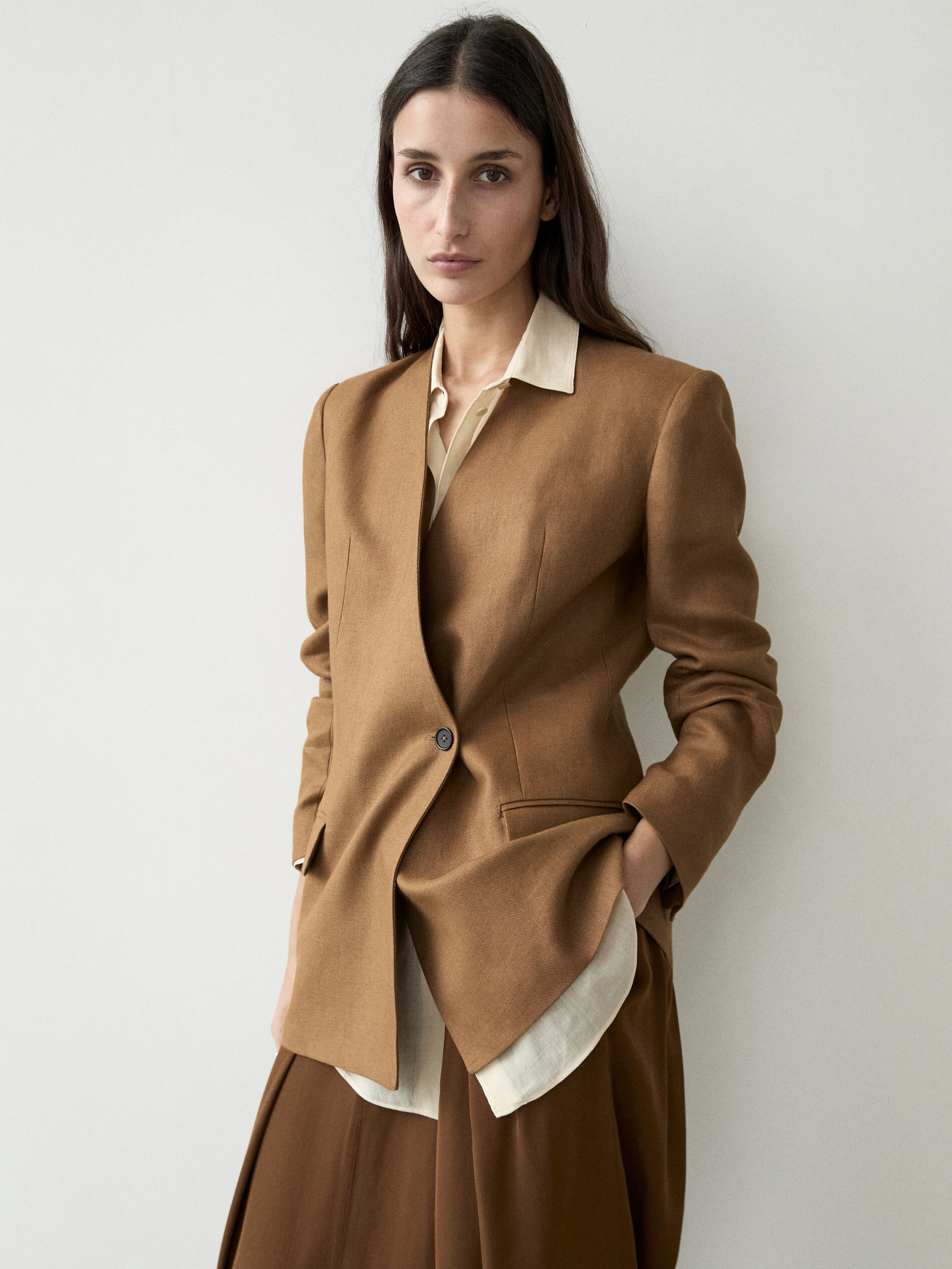 Double-Breasted Linen Lapelless Blazer