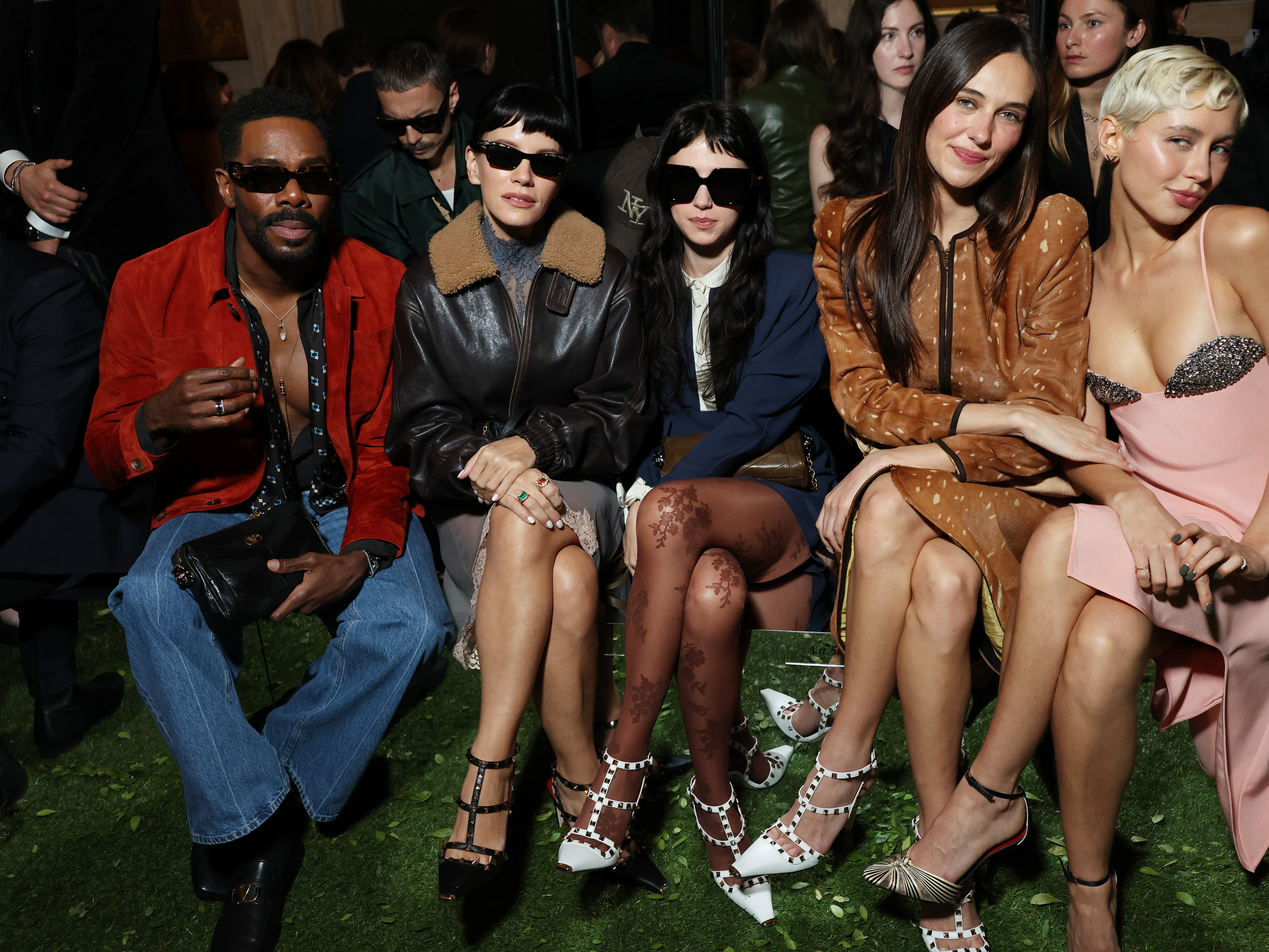 Photos of celebrity front row at Valentino Fall Winter 2026 show.