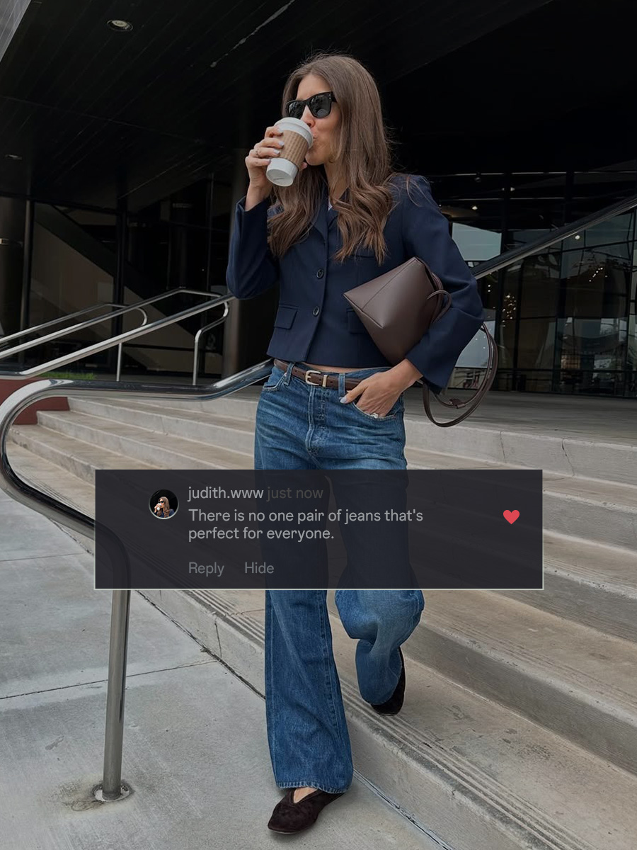 who what wear editor wearing denim walking down a flight of stairs outdoors