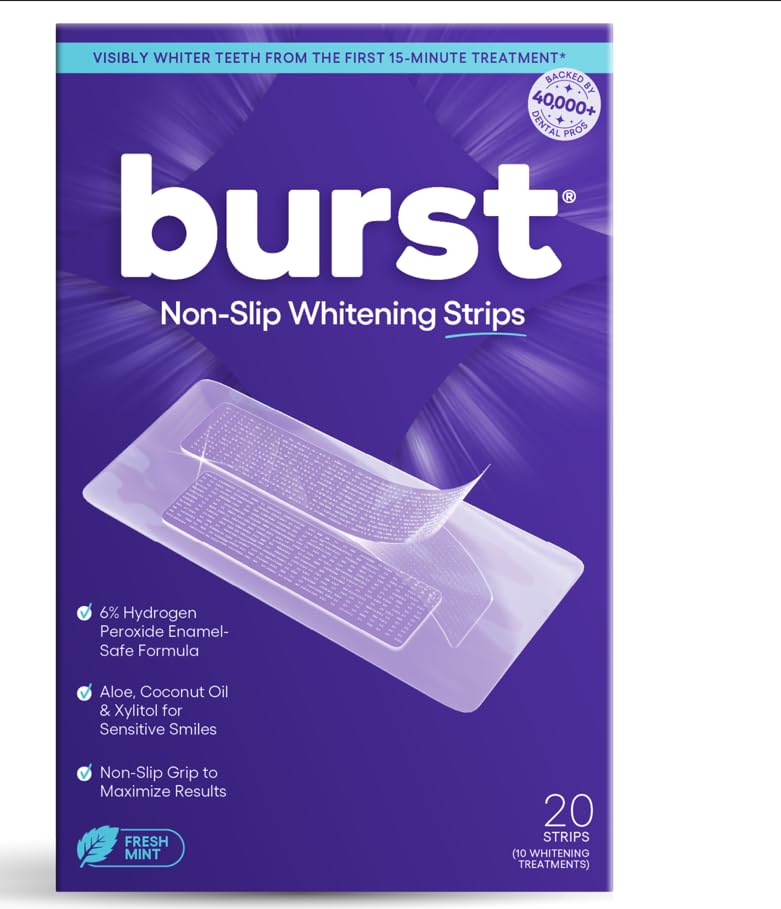 Burst Sensitive Teeth Whitening Strips (mint) | 20 Strips/10 Treatments &amp;ndash; Each With 1 Upper/1 Lower | Visible Results in 15 Minutes | No-Slip Grip | Enamel-Safe Whitening Kit