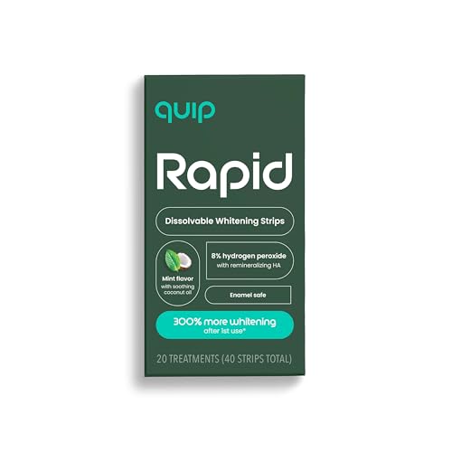 Quip Rapid Dissolvable Teeth Whitening Strips, 8% Hydrogen Peroxide, 3x Whiter After 1st Use, Fast-Acting 15-Min Results, Mint With Coconut Oil, 40 Strips (20 Treatments)