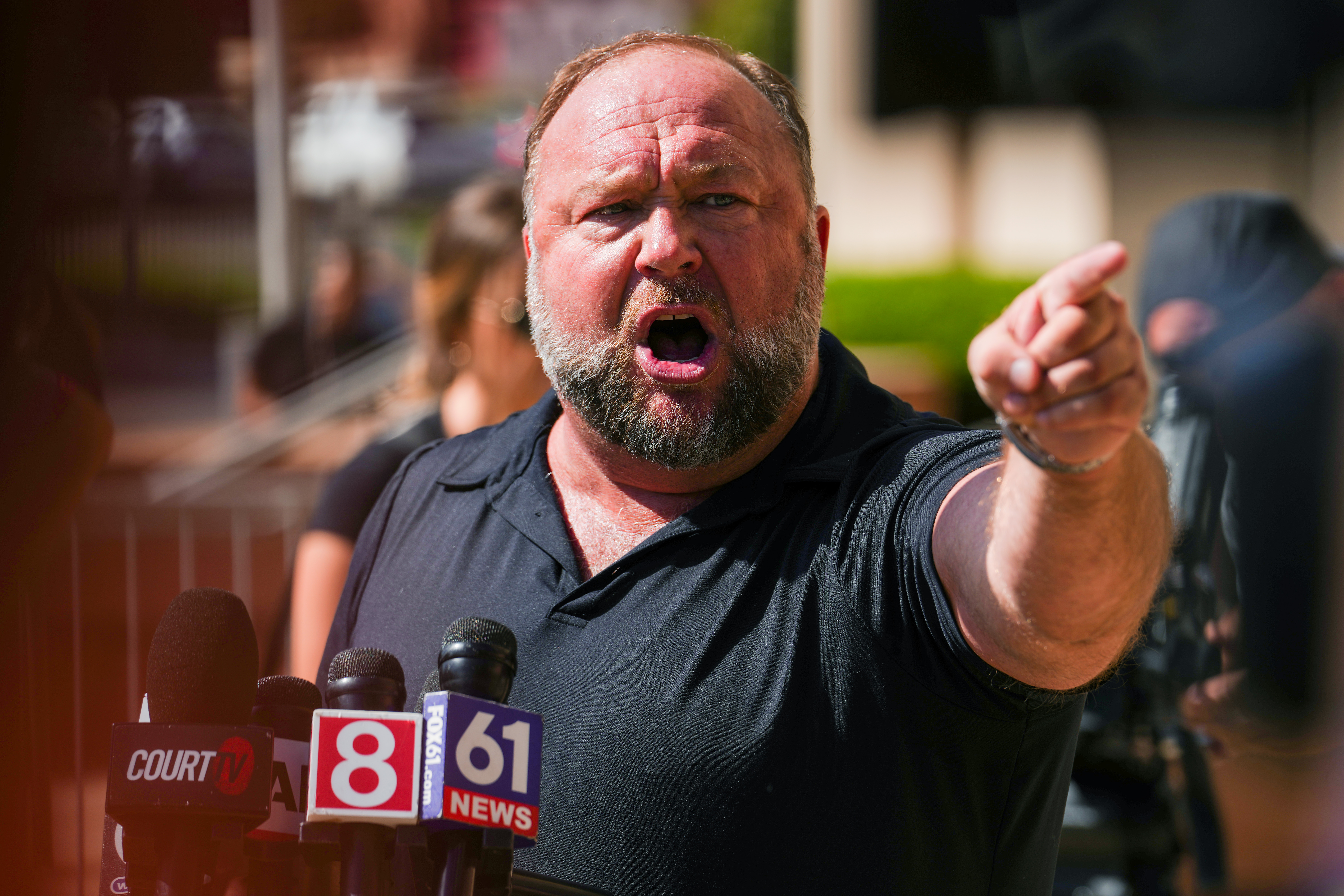 Alex Jones Speaks To The Media Outside The Sandy Hook Trial In Waterbury, Connecticut