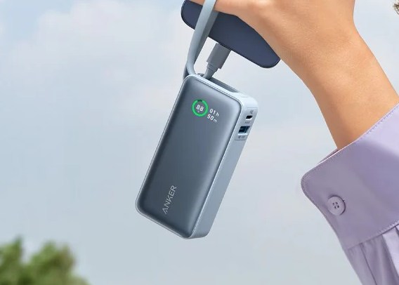 The Anker Nano Power Bank (30W, Built-In USB-C Cable) connected to a smartphone.