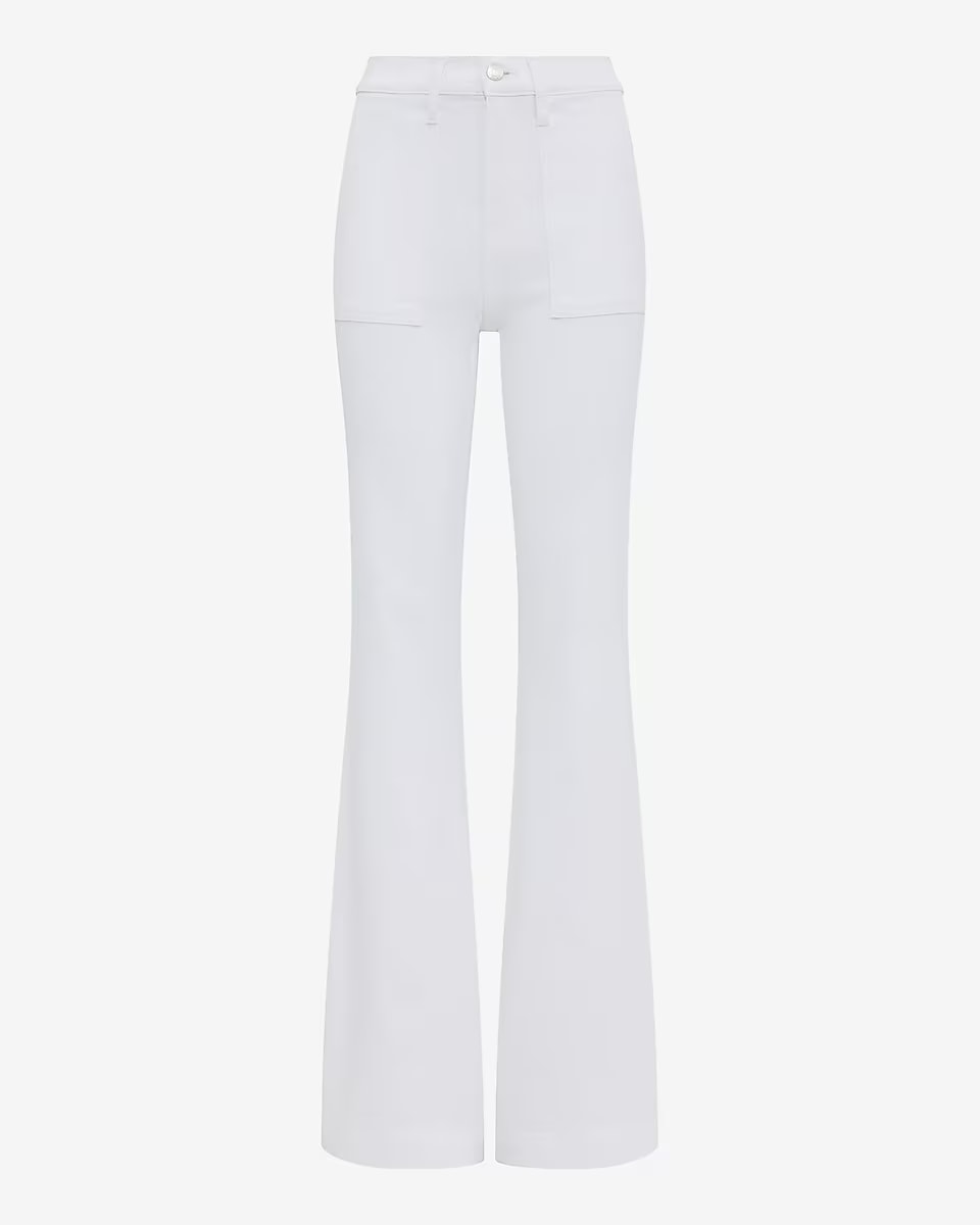 Express, High Waisted White Patch Pocket '70s Flare Jeans