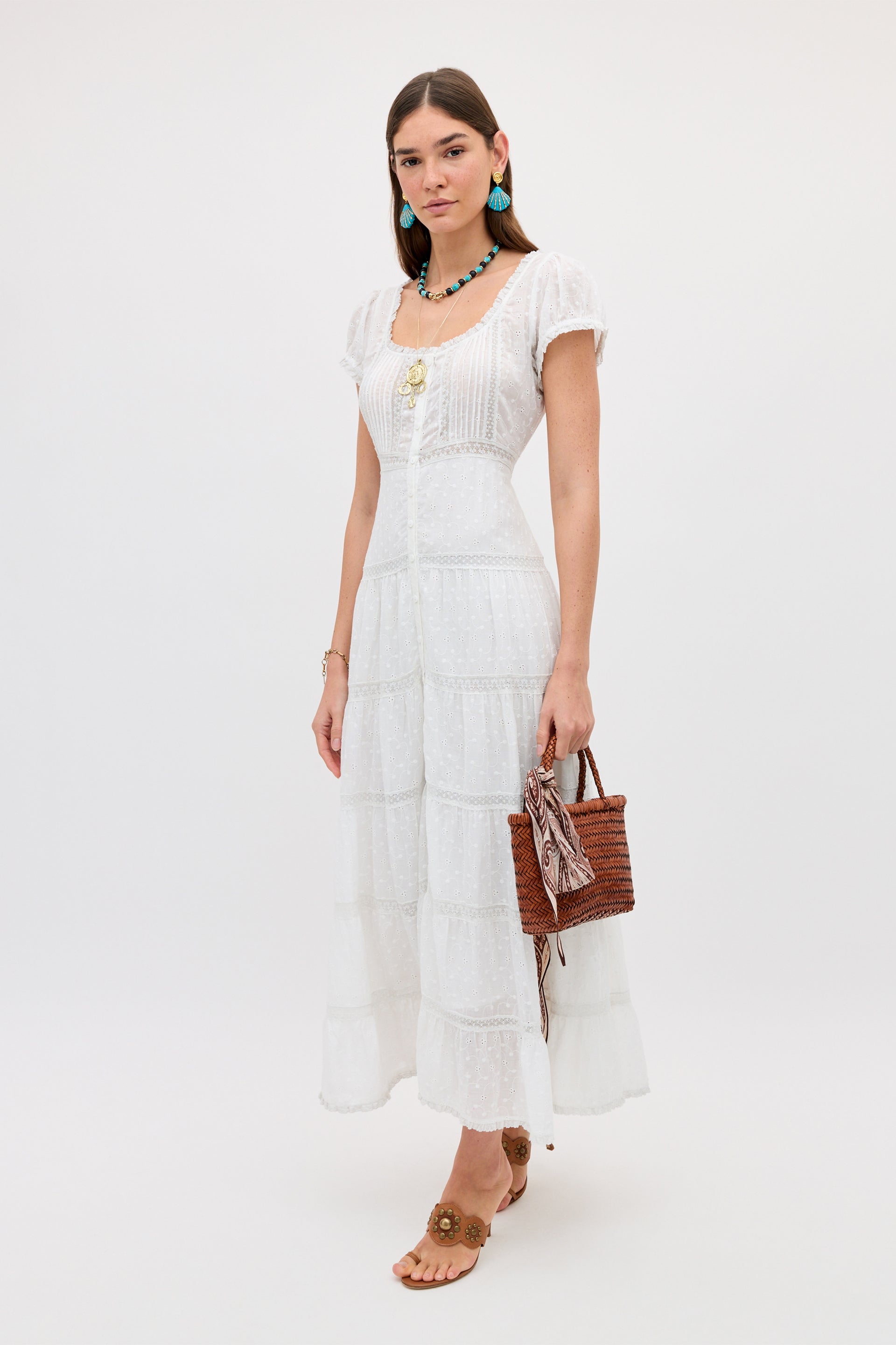 Jaclyn Cotton Midi Dress in White Ivory