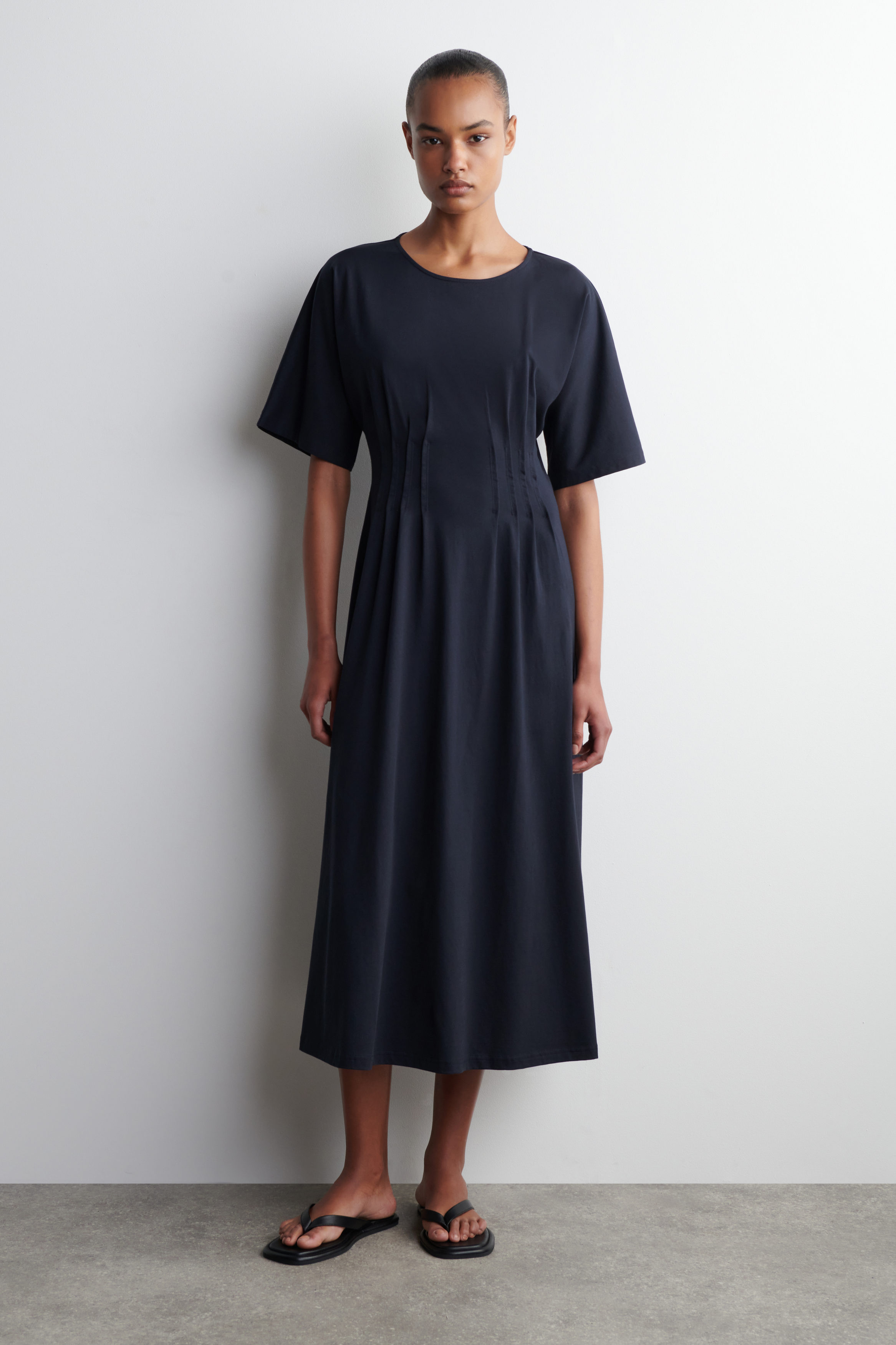 Pintucked Cotton Midi Dress
