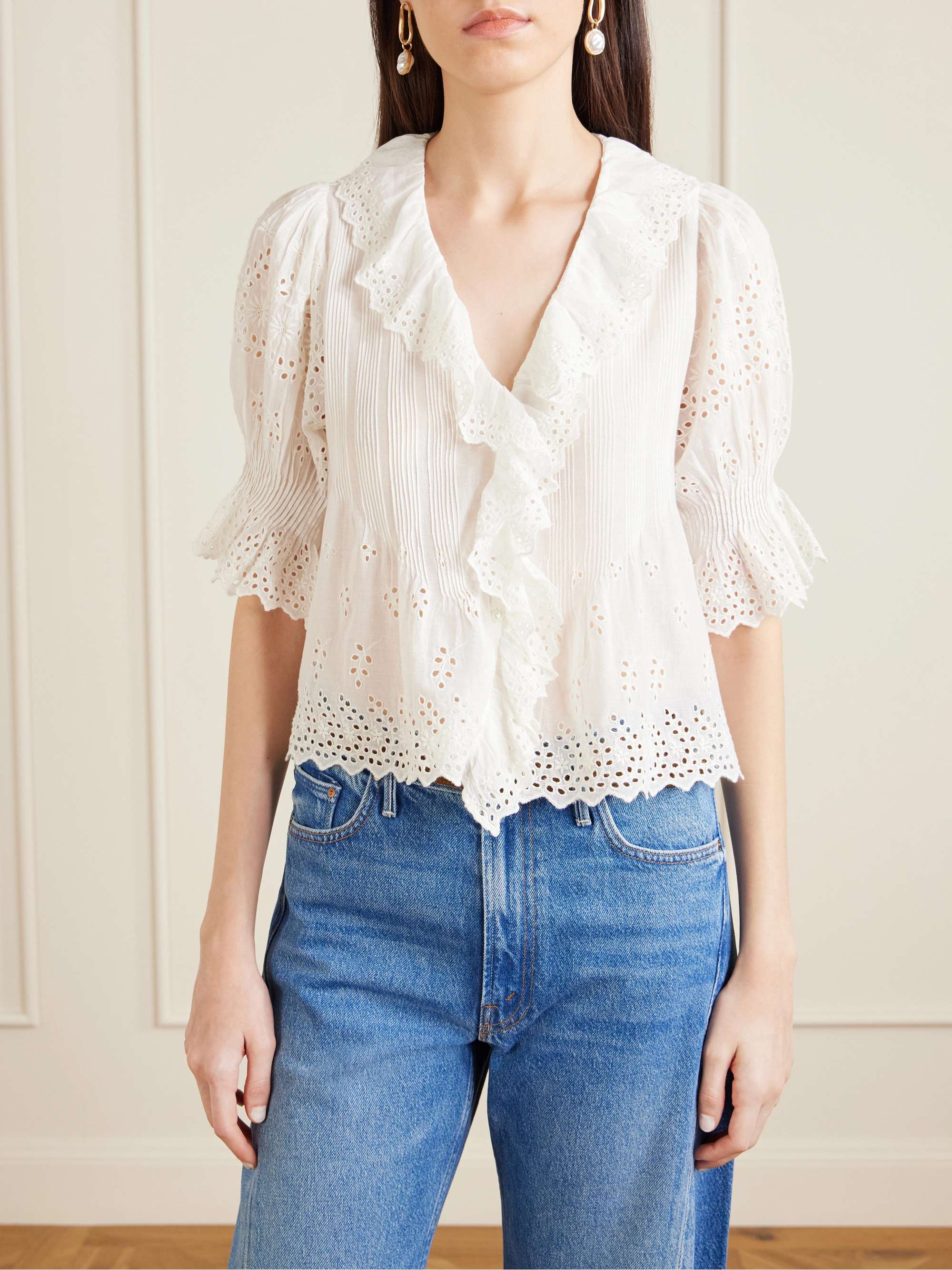 Henri Ruffled Pintucked Broderie Anglaise Cotton Top