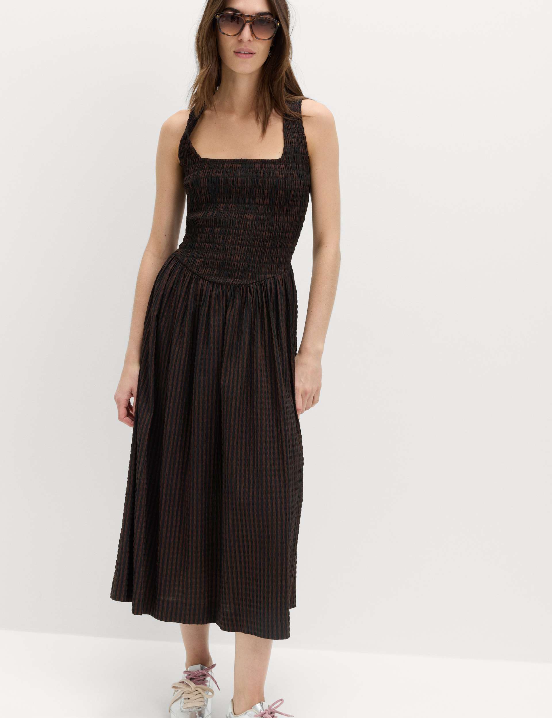 Checked Shirred Bodice Midi Skater Dress