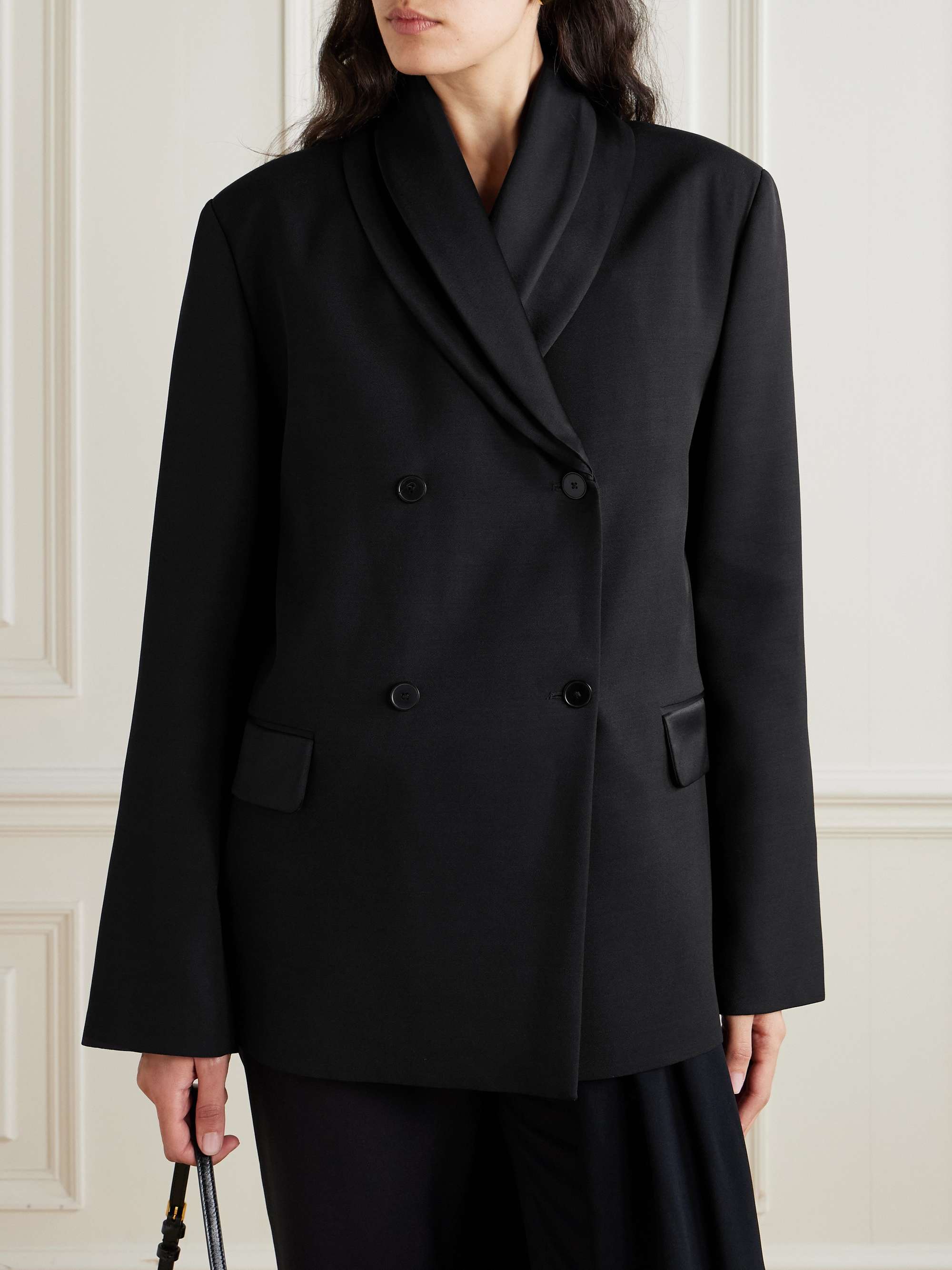 Jiha Double-Breasted Satin-Trimmed Woven Blazer