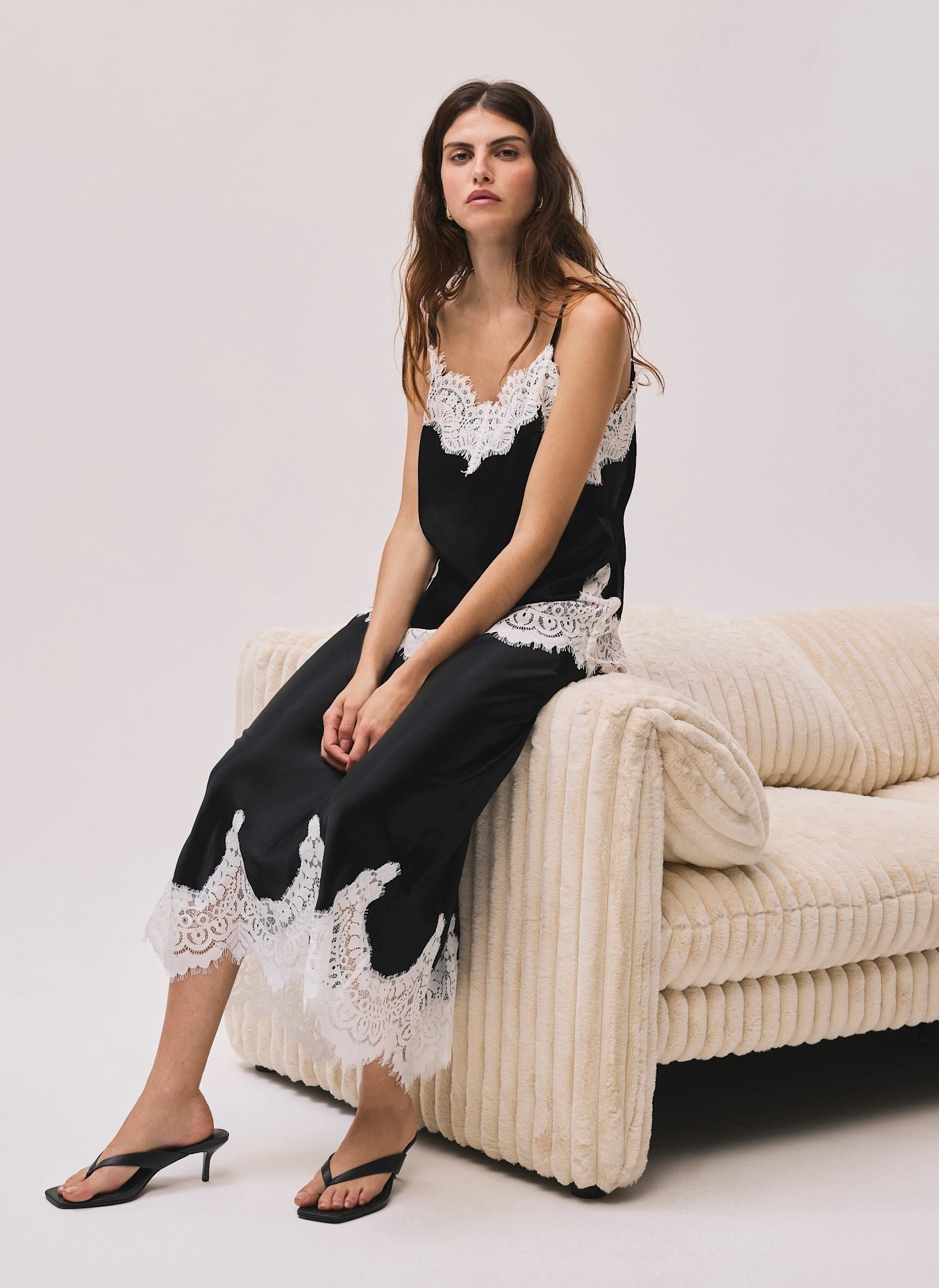 Black Satin Lace Midi Skirt