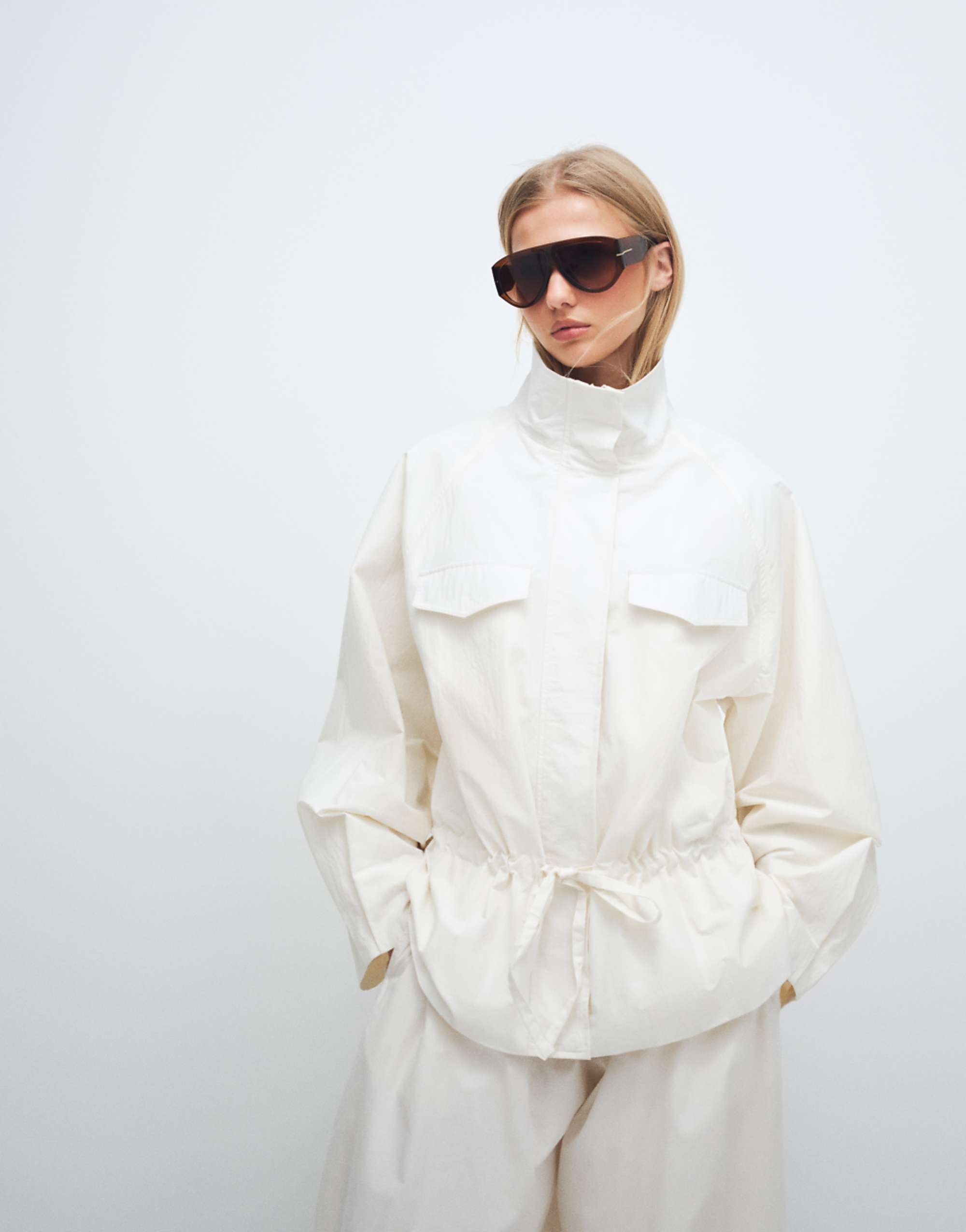 Asos Design Drop Waist Cinched Windbreaker Jacket in Off White