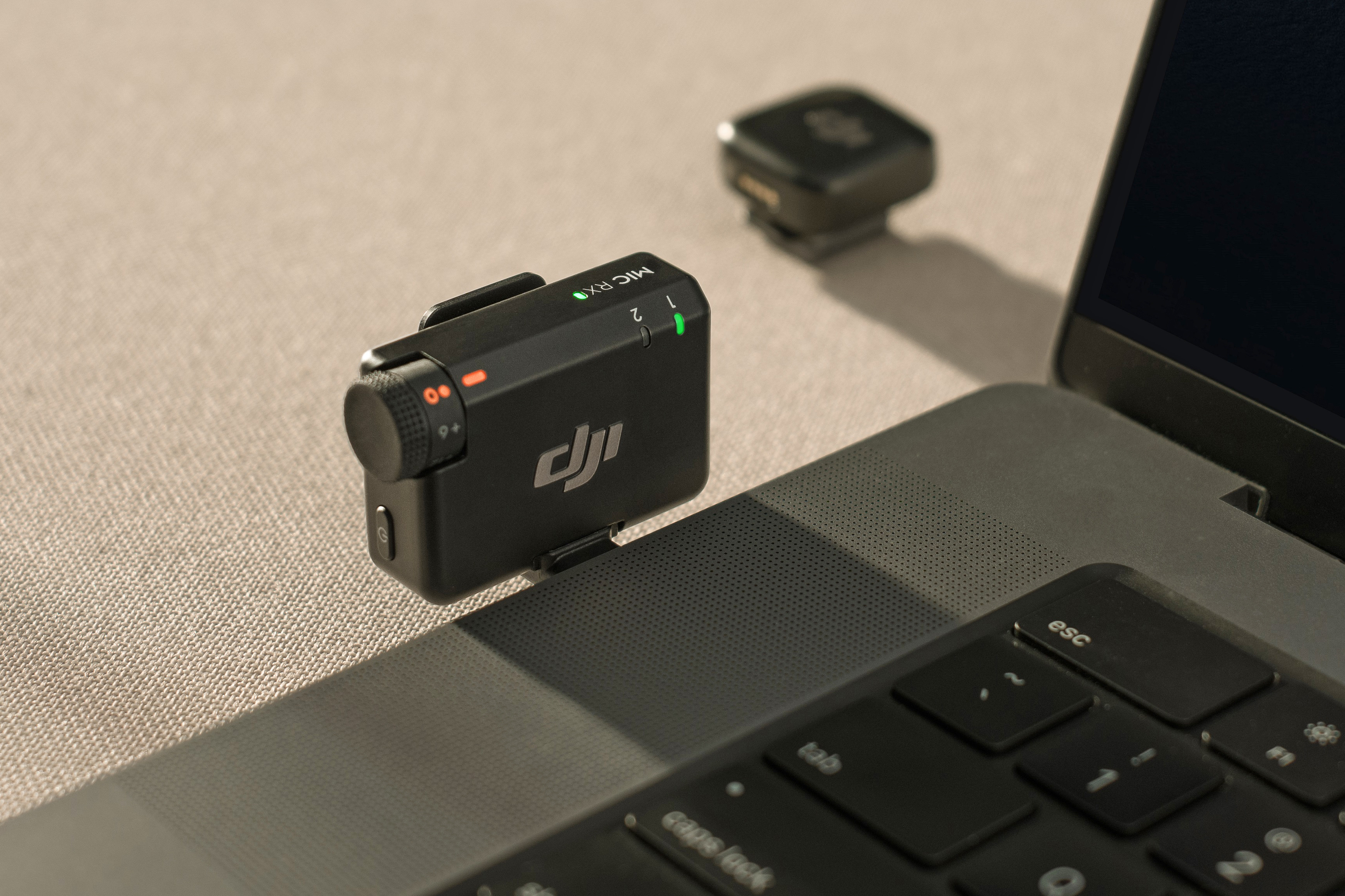 The DJI Mic Mini system’s new wireless receiver attached to a laptop’s USB-C port.