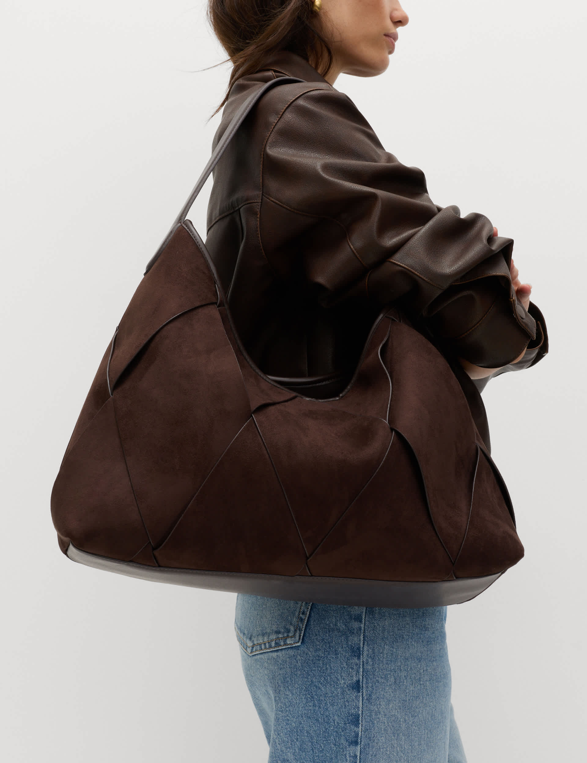 Faux Suede Woven Large Shoulder Bag