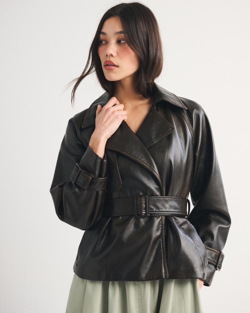 Vegan Leather Belted Short Trench Coat