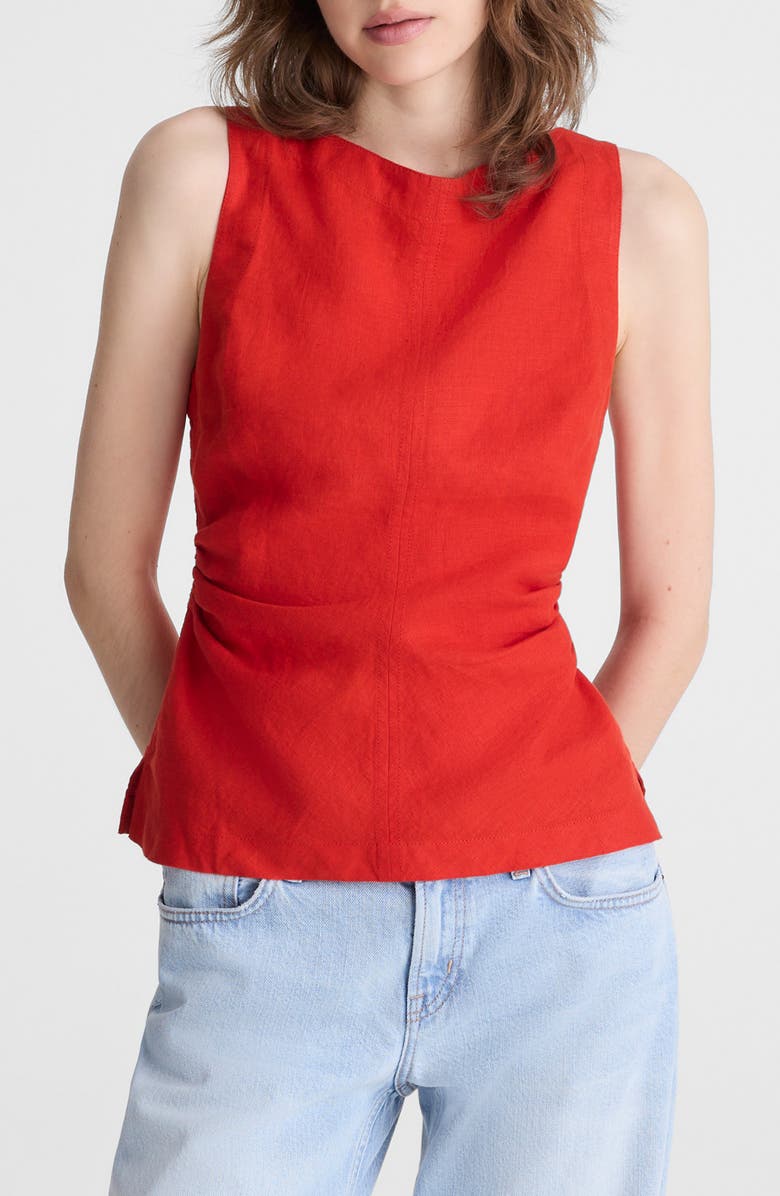 Cinched Boatneck Sleeveless Linen Top