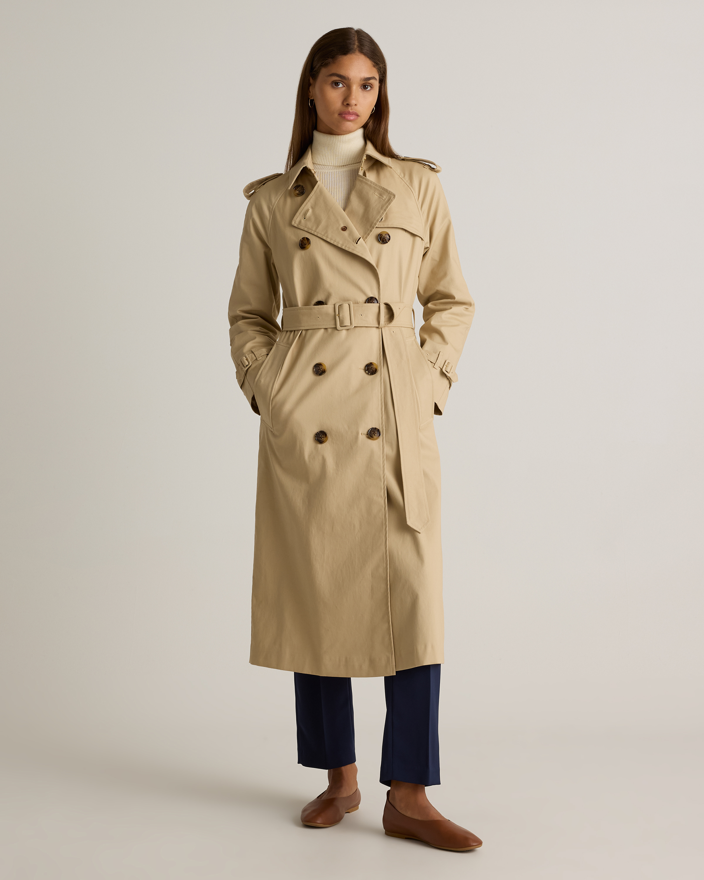 Comfort Stretch Long Trench Coat in Light Khaki