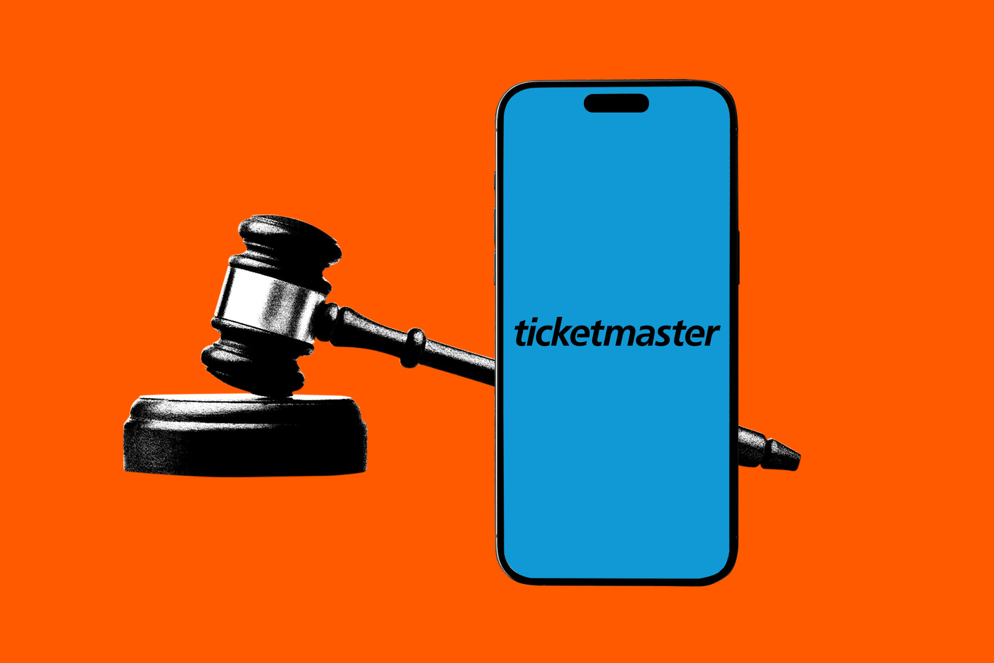 Photo illustration of a gavel next to a phone showing the Ticketmaster logo.