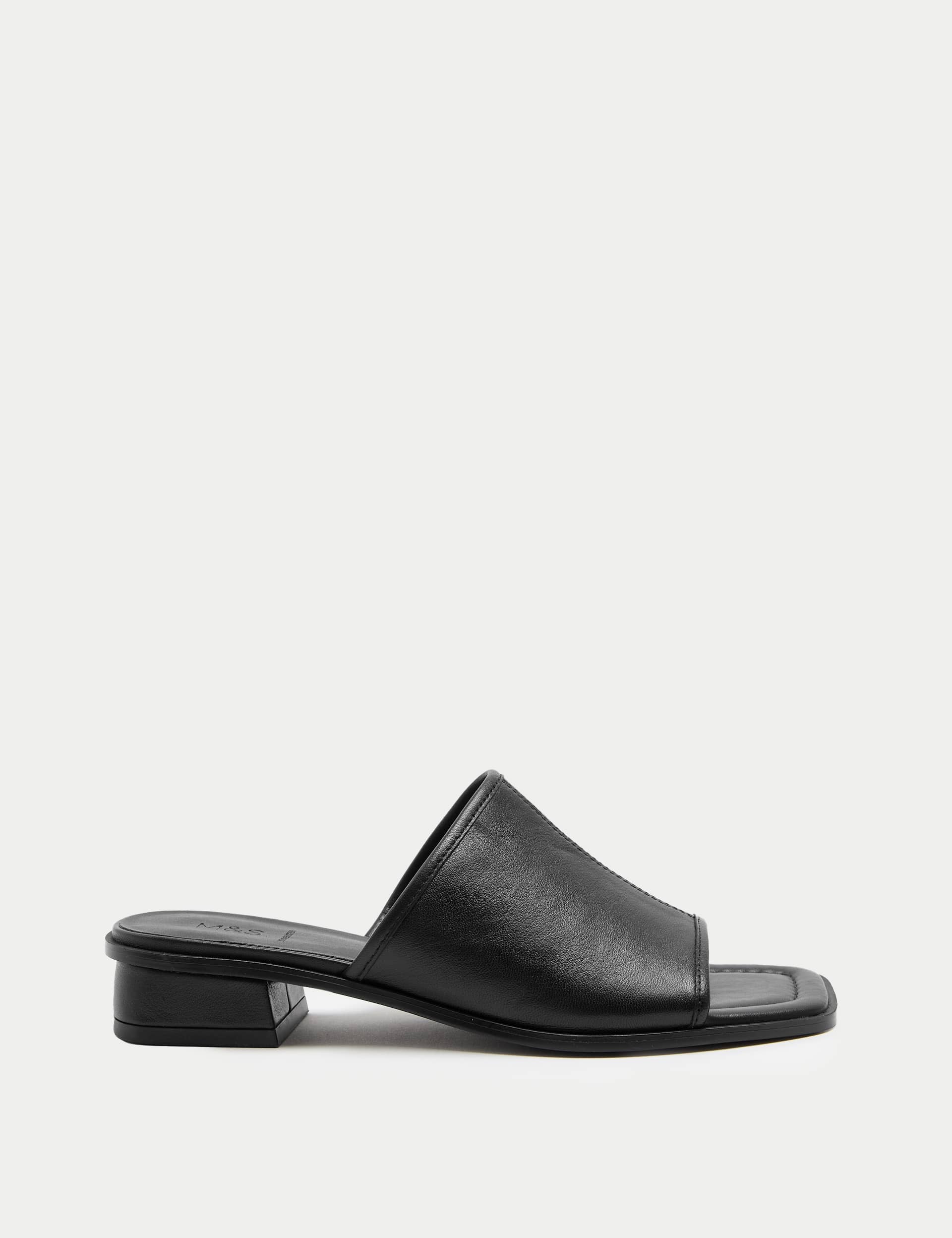 Leather Block Heel Peep Toe Mules