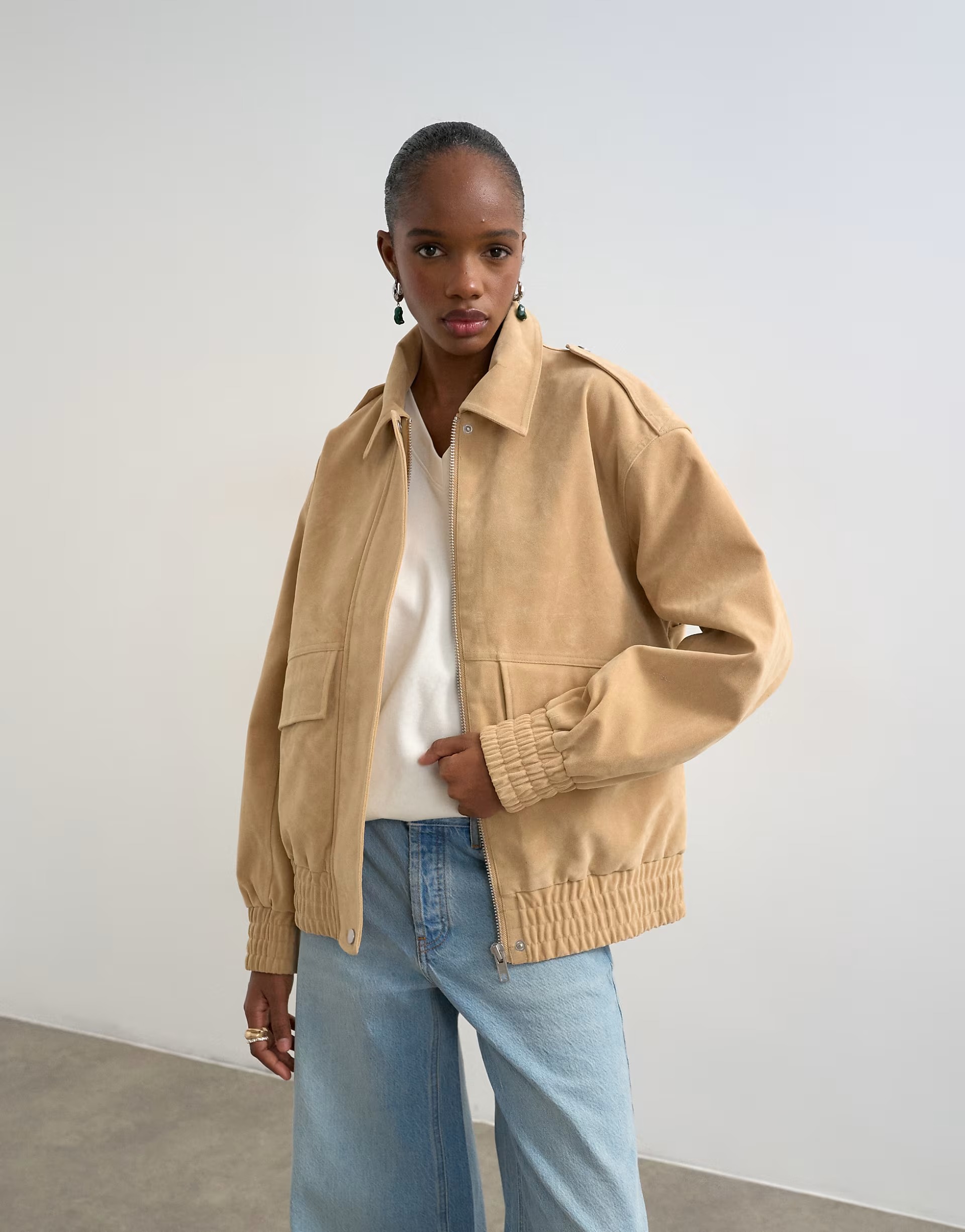 Topshop, Faux suede oversized bomber in stone
