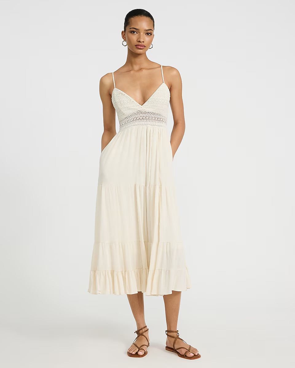 Express, Crochet Top V-Neck Sleeveless Tiered Midi Dress With Pockets