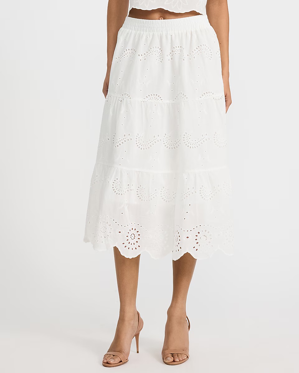 Express, Cotton Eyelet Tiered Pull On Midi Skirt