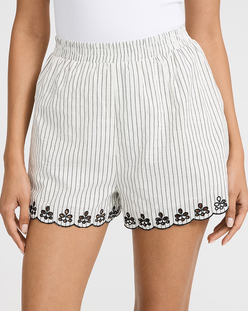 Express, Linen-Blend Striped Eyelet Scalloped Pull On Shorts